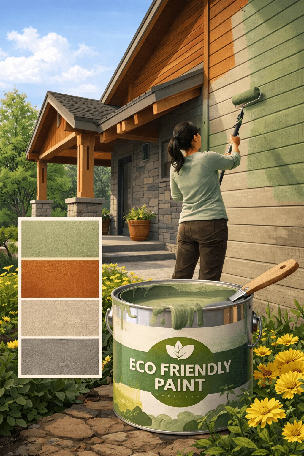 Person painting a home exterior with eco-friendly paint, showing natural color options and a paint bucket labeled environmentally friendly coating for sustainable home improvement.