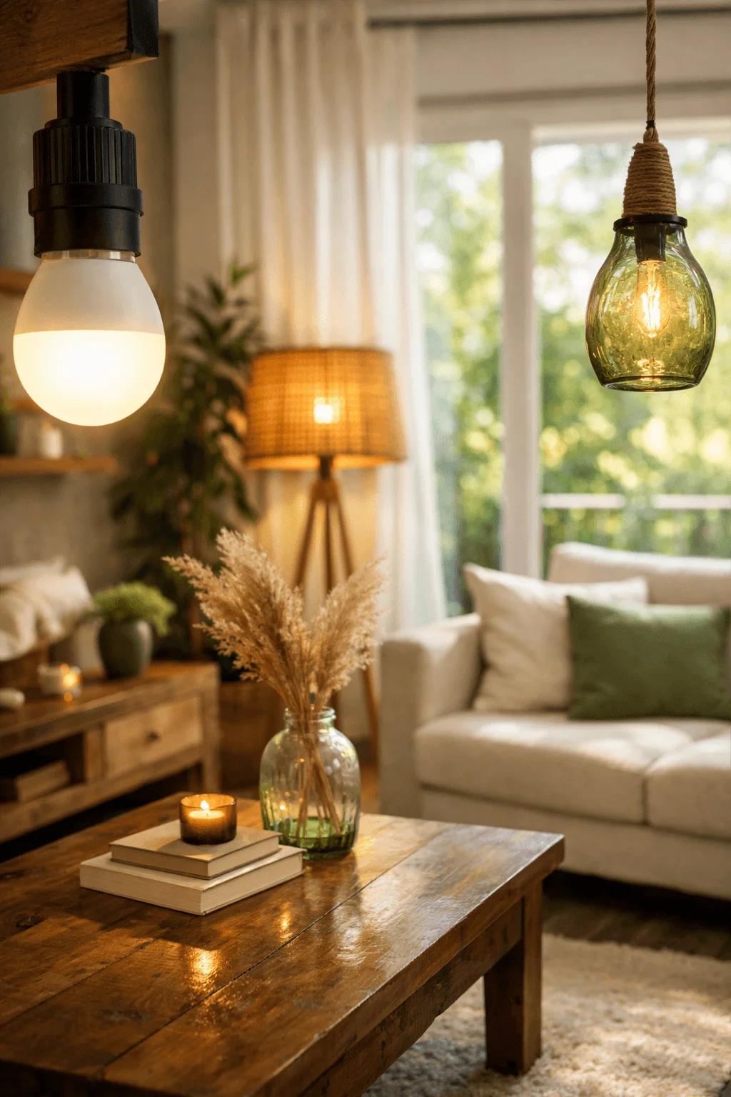 Eco friendly living room lighting with energy efficient bulbs warm lamps natural textures wooden coffee table soft sofa and cozy sustainable home decor.