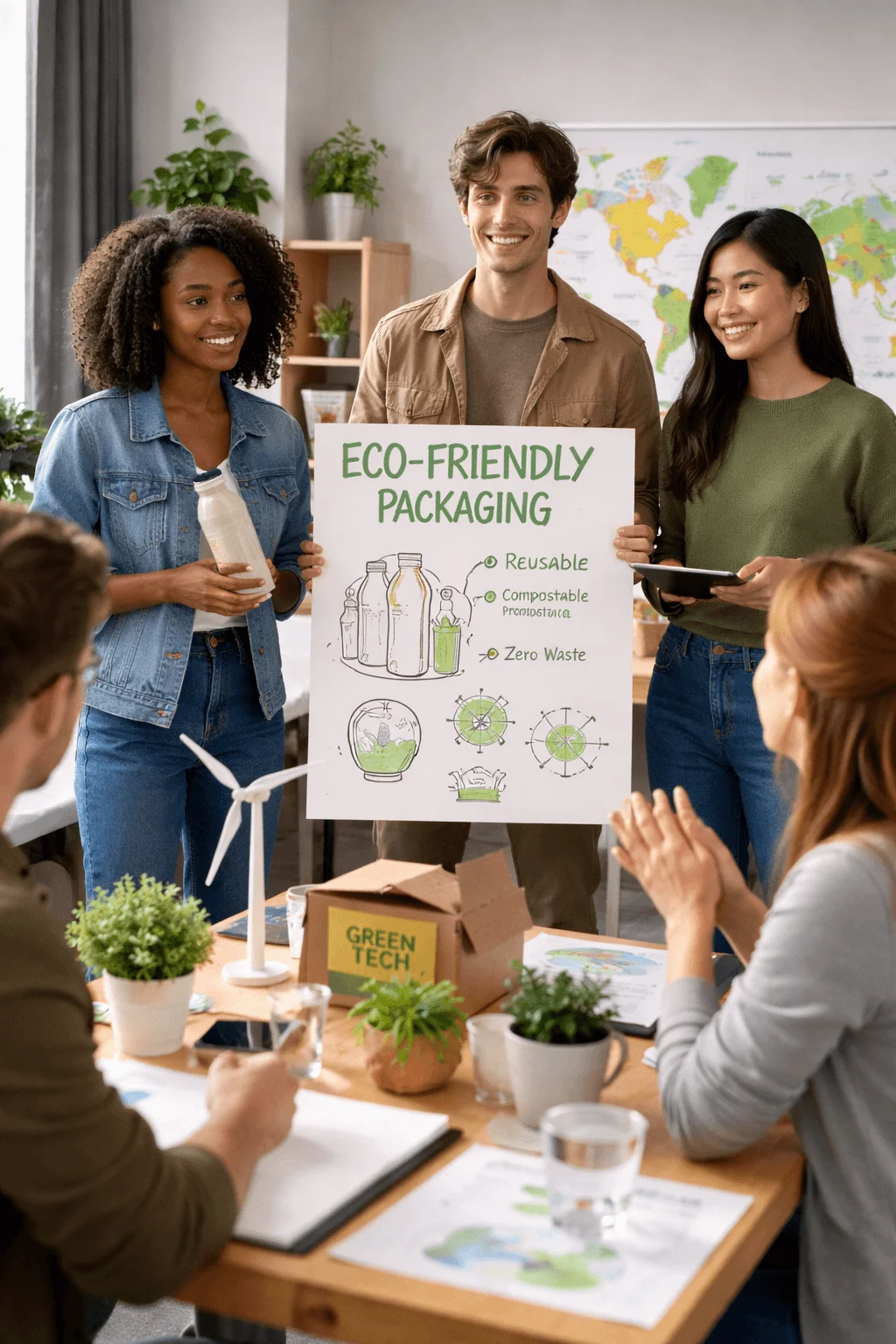 Team presenting an eco-friendly packaging idea during a sustainability workshop.