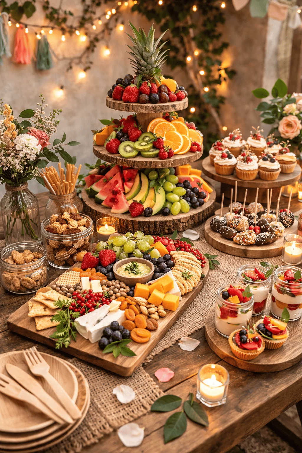 Rustic party table with tiered wooden fruit stand filled with pineapple strawberries grapes citrus kiwi and watermelon charcuterie board with cheeses crackers nuts and berries dessert display of cupcakes chocolate dipped treats yogurt parfaits in glass jars wooden plates and cutlery candles and string lights creating a warm festive outdoor setting