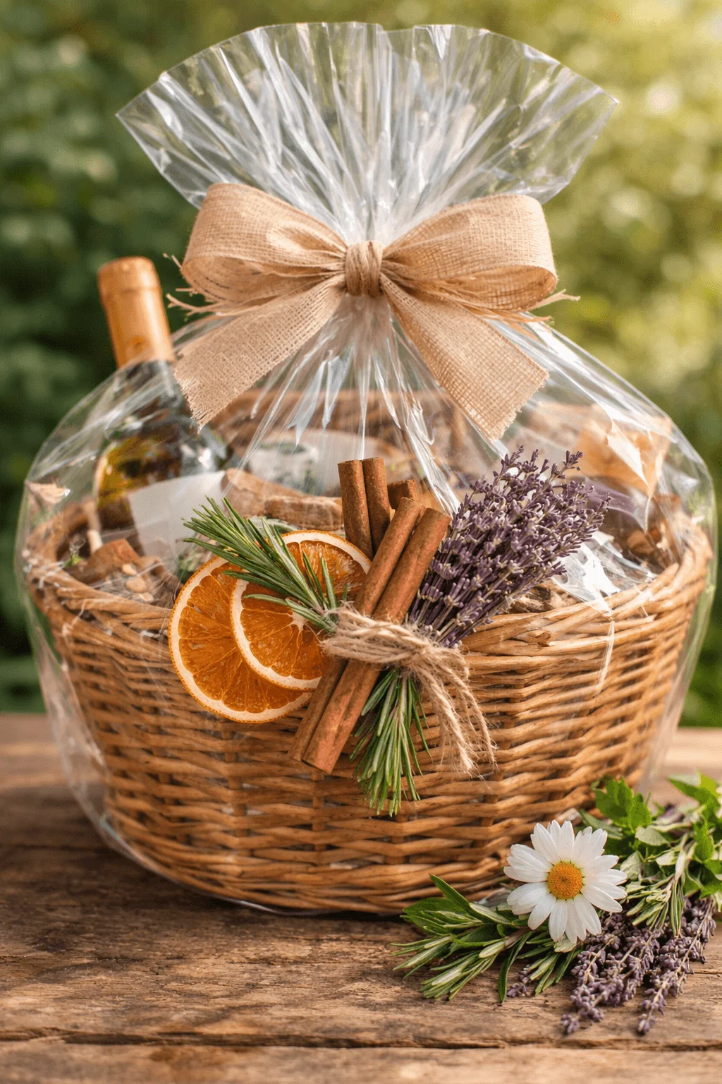 Gift basket wrapped in clear cellophane with a burlap bow decorated with dried orange slices cinnamon sticks rosemary and lavender placed on a wooden table outdoors