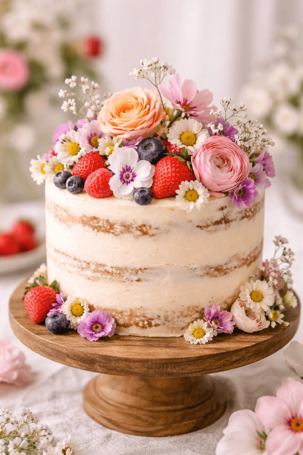 Naked vanilla layer cake on a wooden stand decorated with fresh strawberries raspberries blueberries and edible flowers including roses daisies and small blossoms arranged on top and around the base in a soft pastel setting