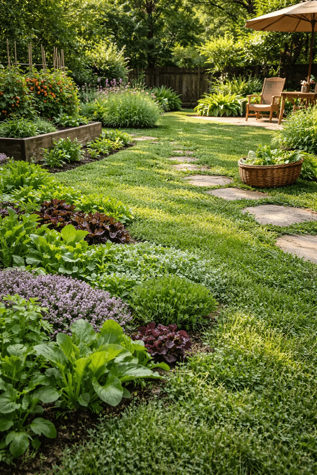 Lush backyard garden with edible groundcover plants leafy greens and herbs growing between stepping stones leading to a cozy patio seating area with raised vegetable beds and a basket of freshly harvested produce