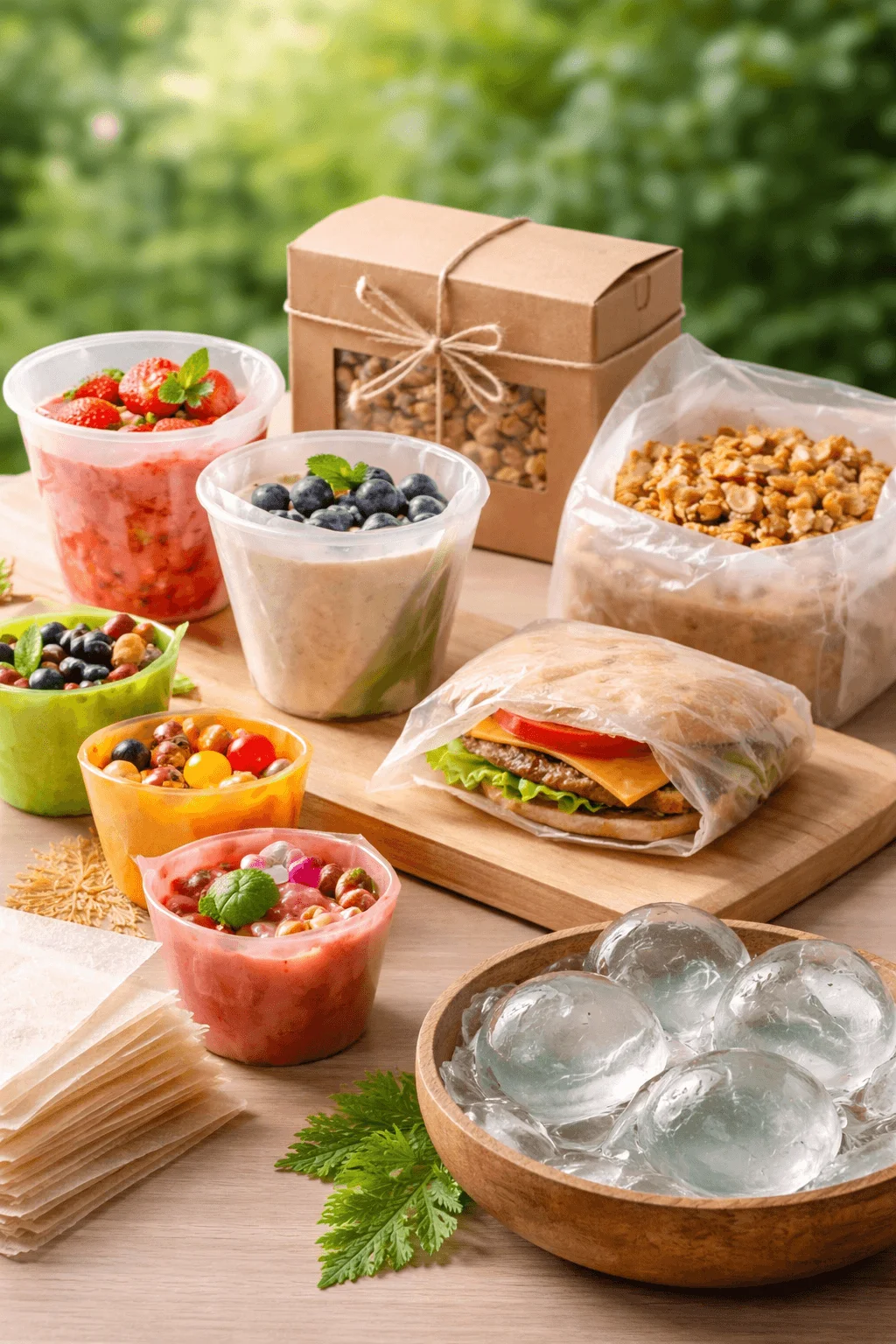 Edible packaging concepts featuring biodegradable food containers, wraps, and gelatin based spheres, designed to reduce waste while safely holding fresh food items