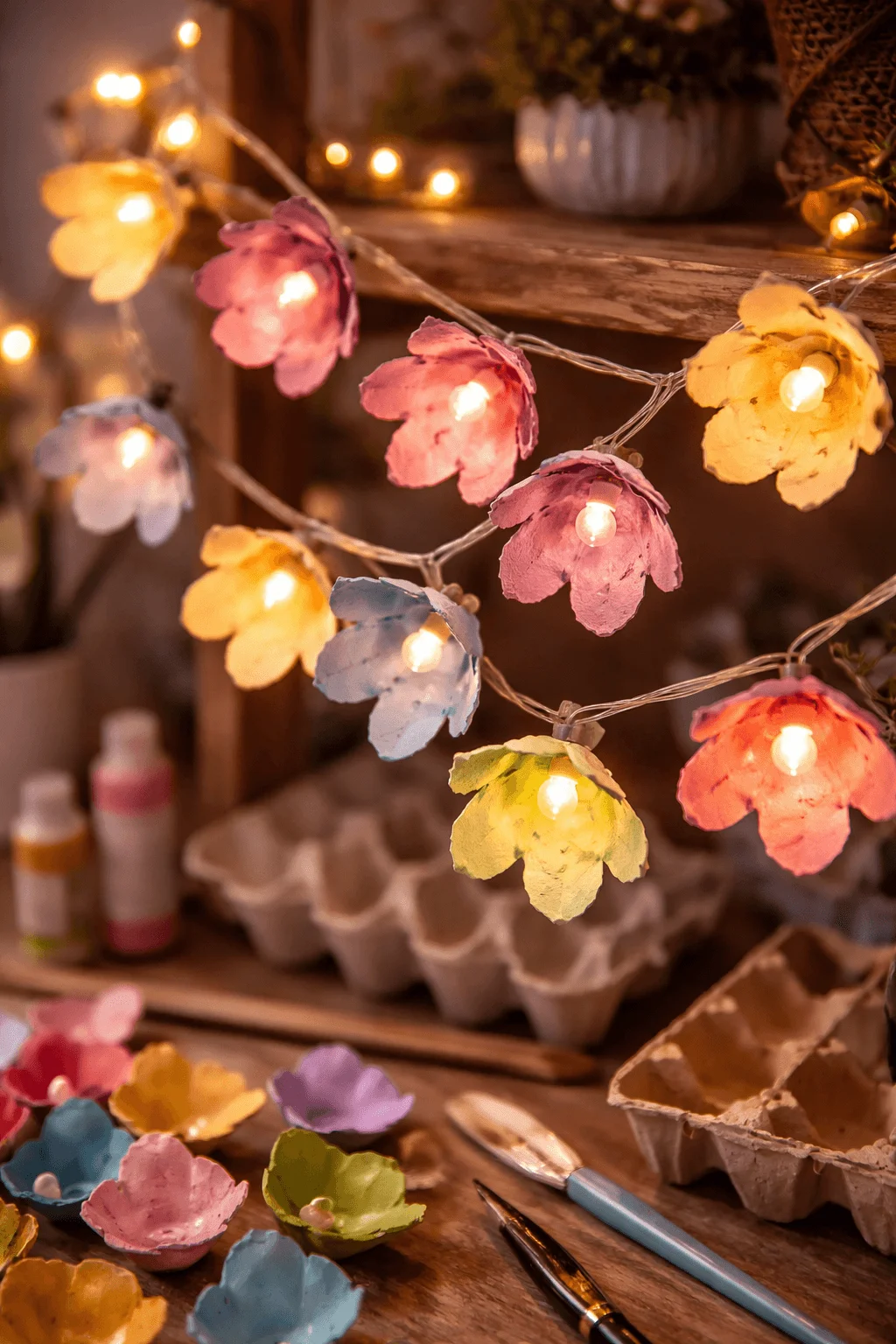 String lights decorated with colorful handmade flowers crafted from recycled egg cartons creating a warm decorative glow