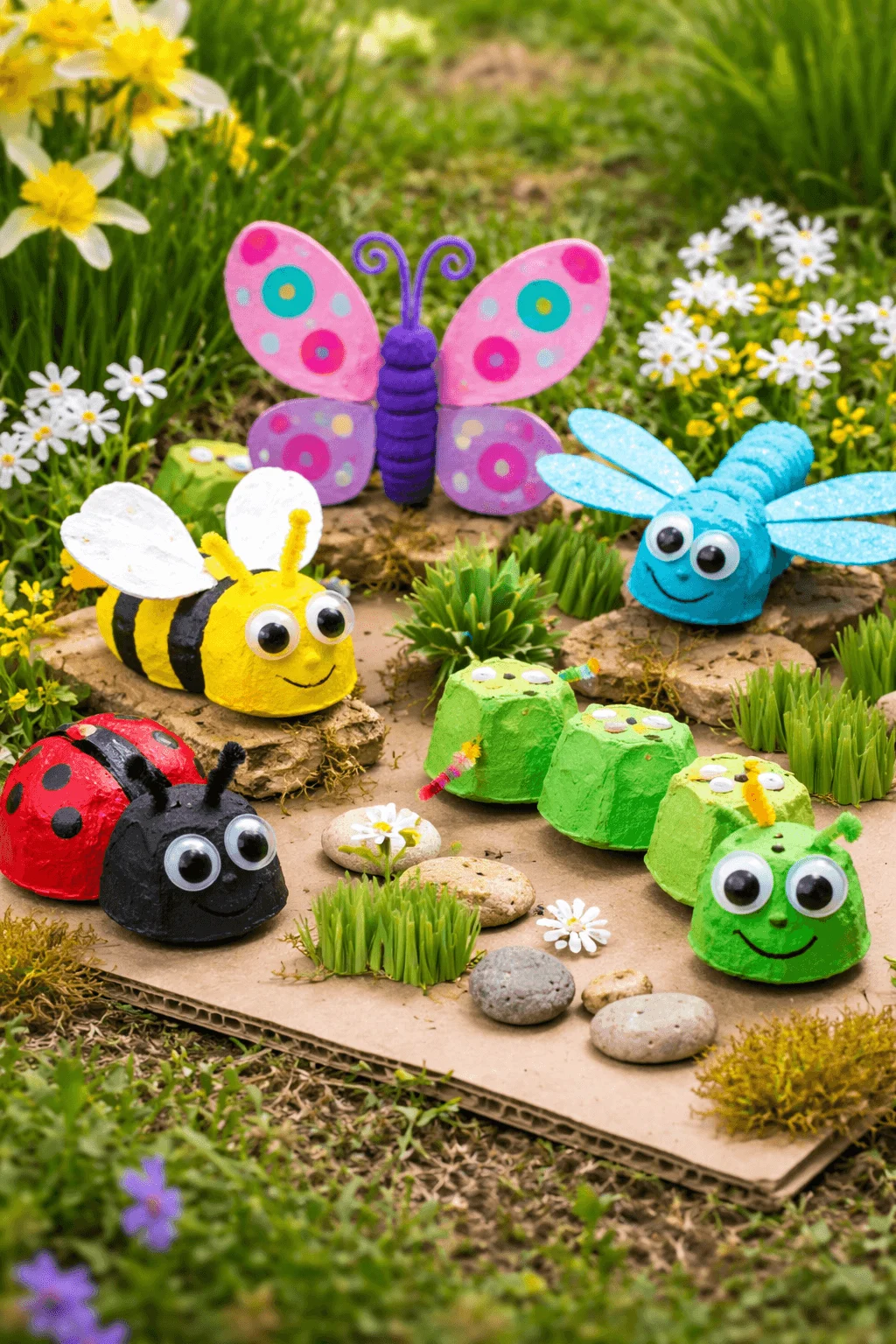 Colorful insect crafts made from recycled egg cartons including a butterfly bee ladybug caterpillar and dragonfly displayed in a small garden scene with grass flowers stones and cardboard base creating a playful eco friendly kids craft activity.