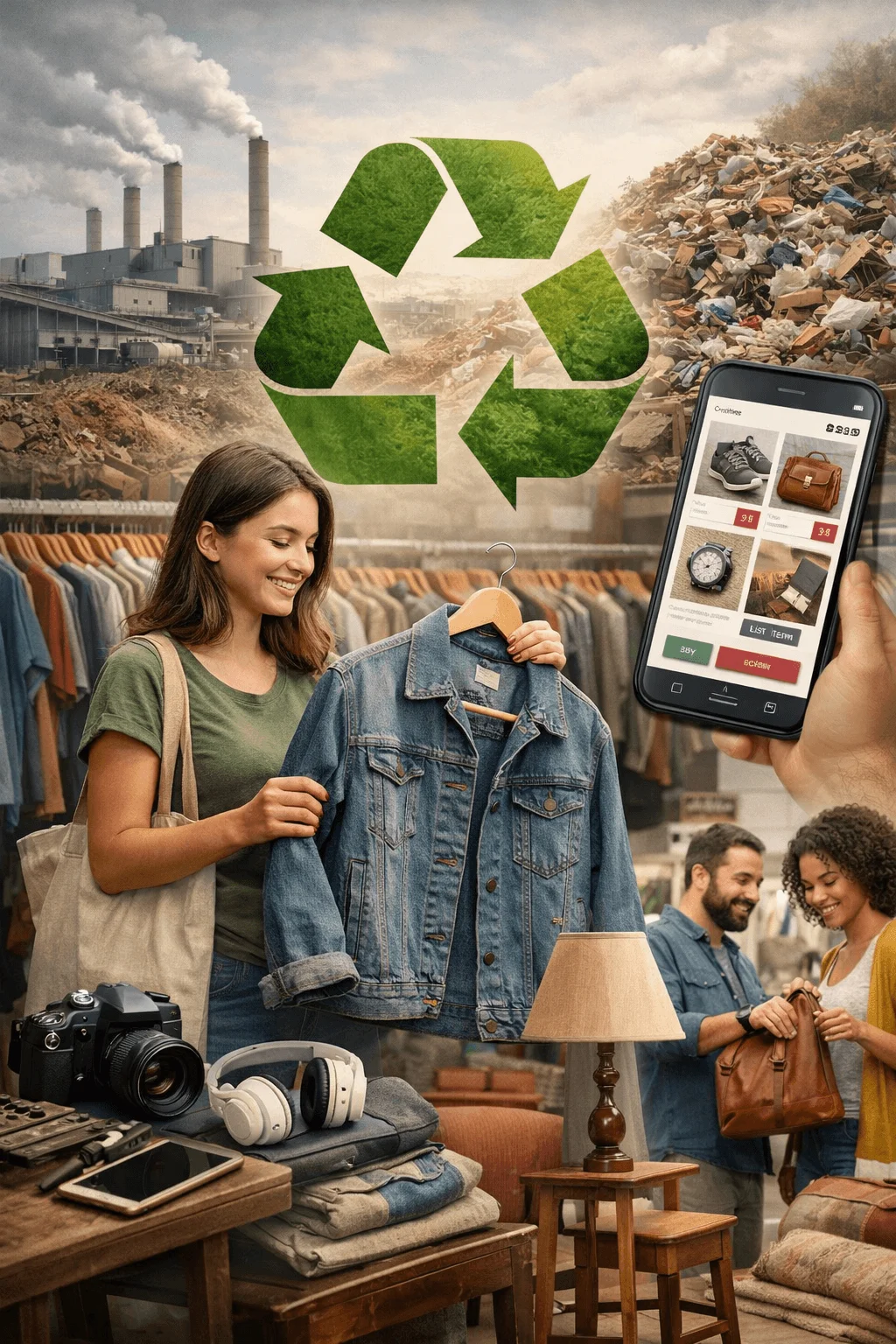 Woman shopping for a secondhand denim jacket at a resale market while a mobile app lists used items, highlighting recycling and the circular economy against a landfill and factory backdrop.