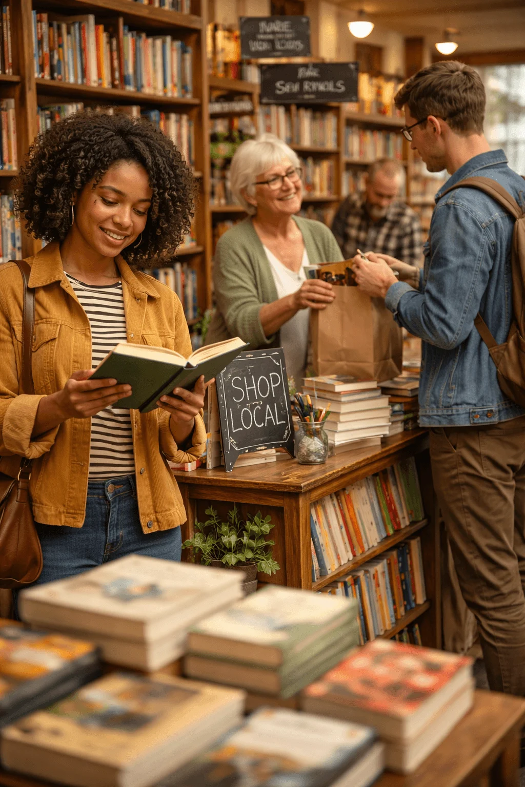 Customer browsing books in a cozy independent bookstore with a “Shop Local” sign while a bookseller helps another shopper at the counter.