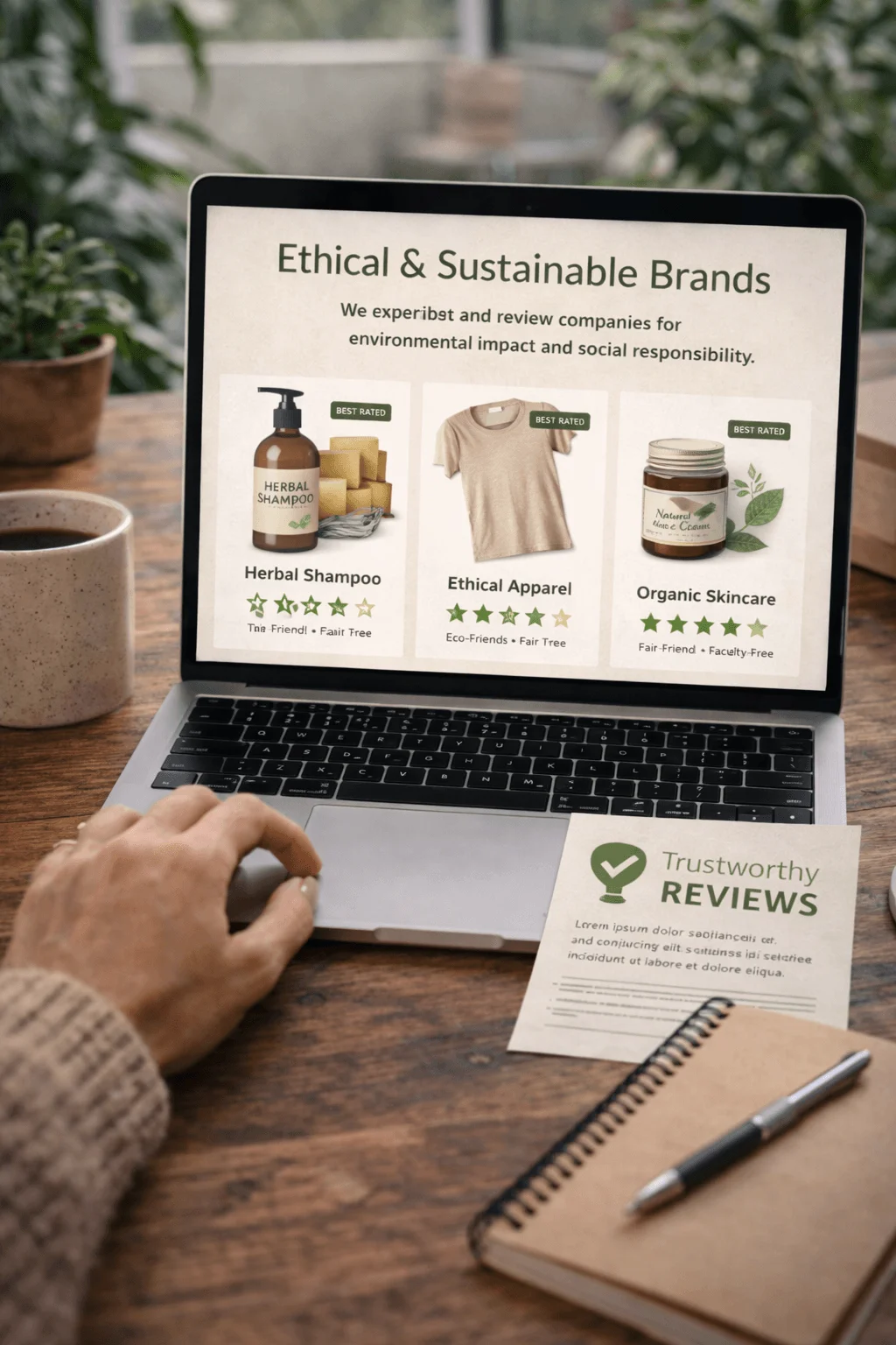 Person browsing an ethical product discovery website on a laptop showing ratings for sustainable brands including herbal shampoo, ethical apparel, and organic skincare with trustworthy review indicators.