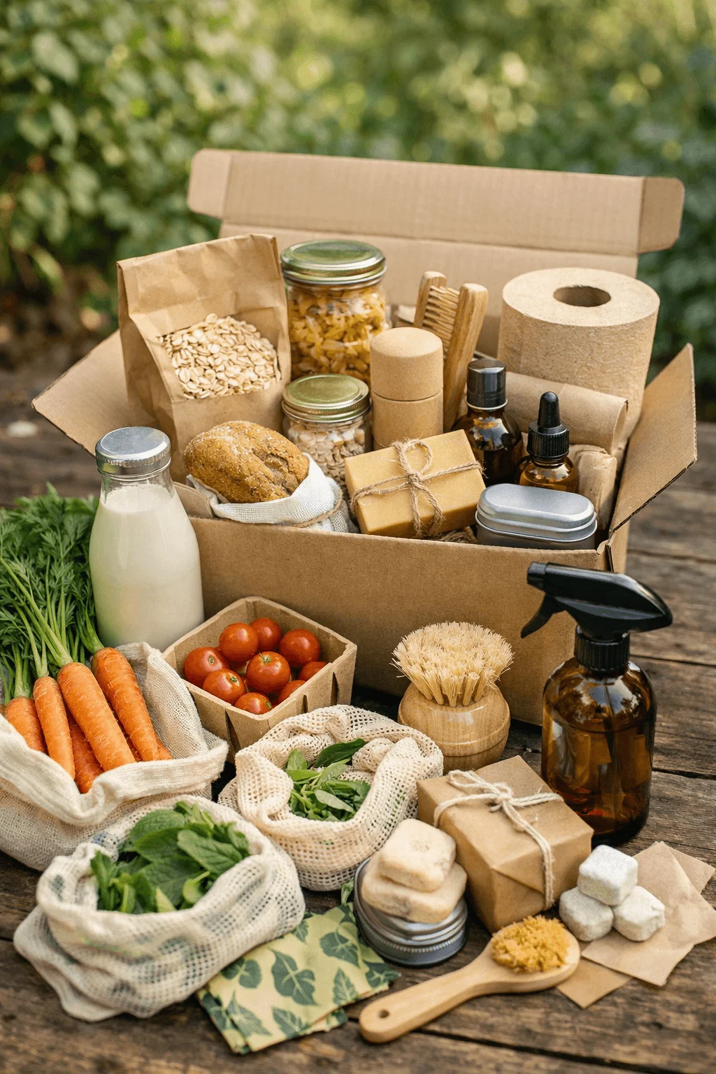 Eco friendly subscription box filled with sustainable groceries and household products including reusable bags vegetables glass jars natural soap bamboo brush and plastic free packaging displayed outdoors.