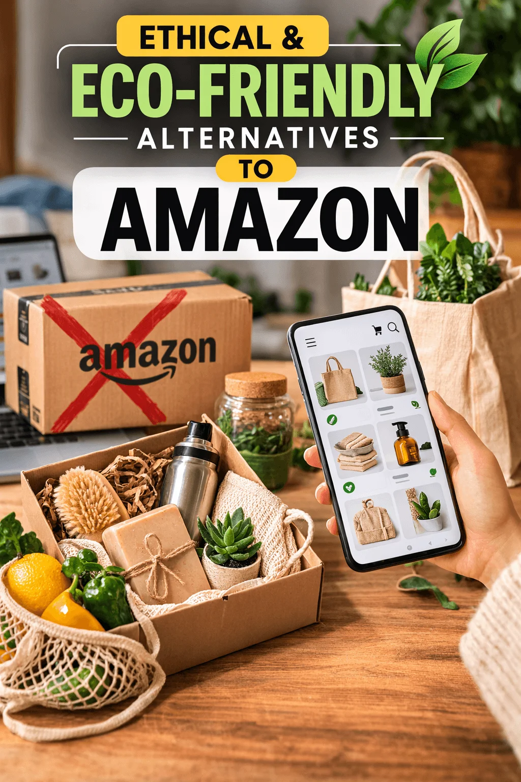 Graphic showing the text Ethical and Eco Friendly Alternatives to Amazon with an Amazon shipping box crossed out, a hand holding a phone displaying eco friendly products, and a box of sustainable items like soap, brush, reusable bottle, and plants on a wooden table.