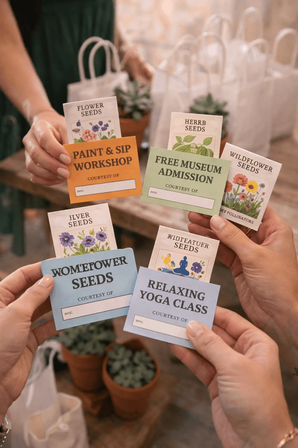 Close up of several hands holding small colorful cards and seed packets labeled flower seeds herb seeds wildflower seeds and homeflower seeds along with experience based favor cards such as paint and sip workshop free museum admission and relaxing yoga class with small potted plants and gift bags arranged on a table in the background