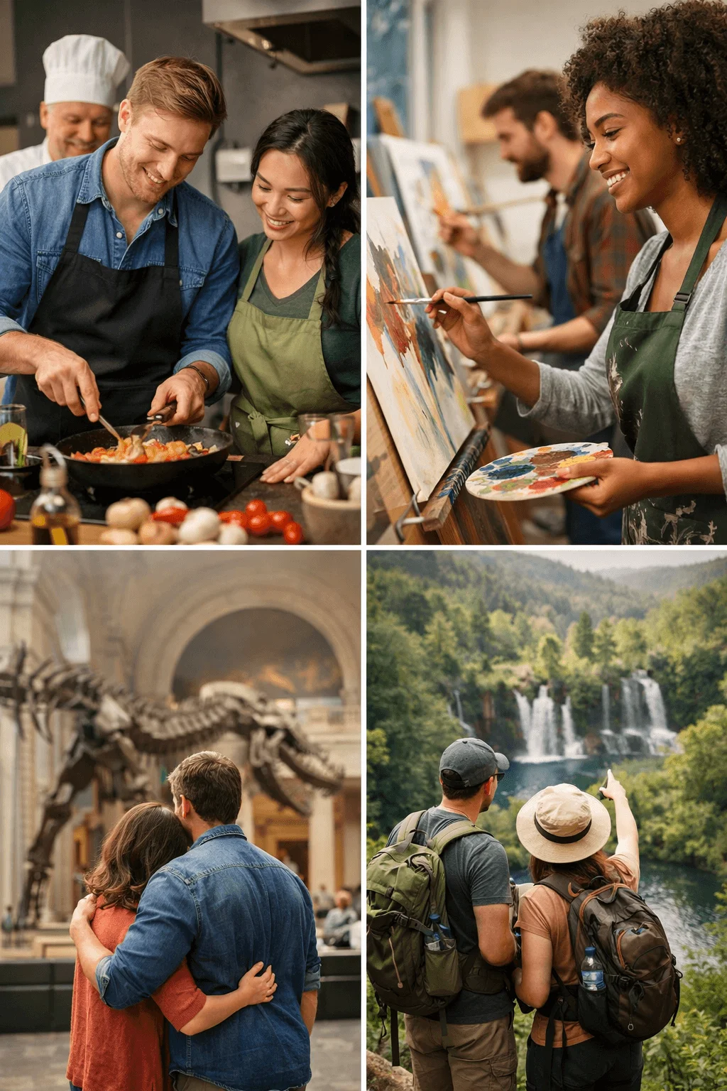Experience gifts showing people cooking together painting in an art class visiting a museum with dinosaur skeleton and hiking near a waterfall in nature