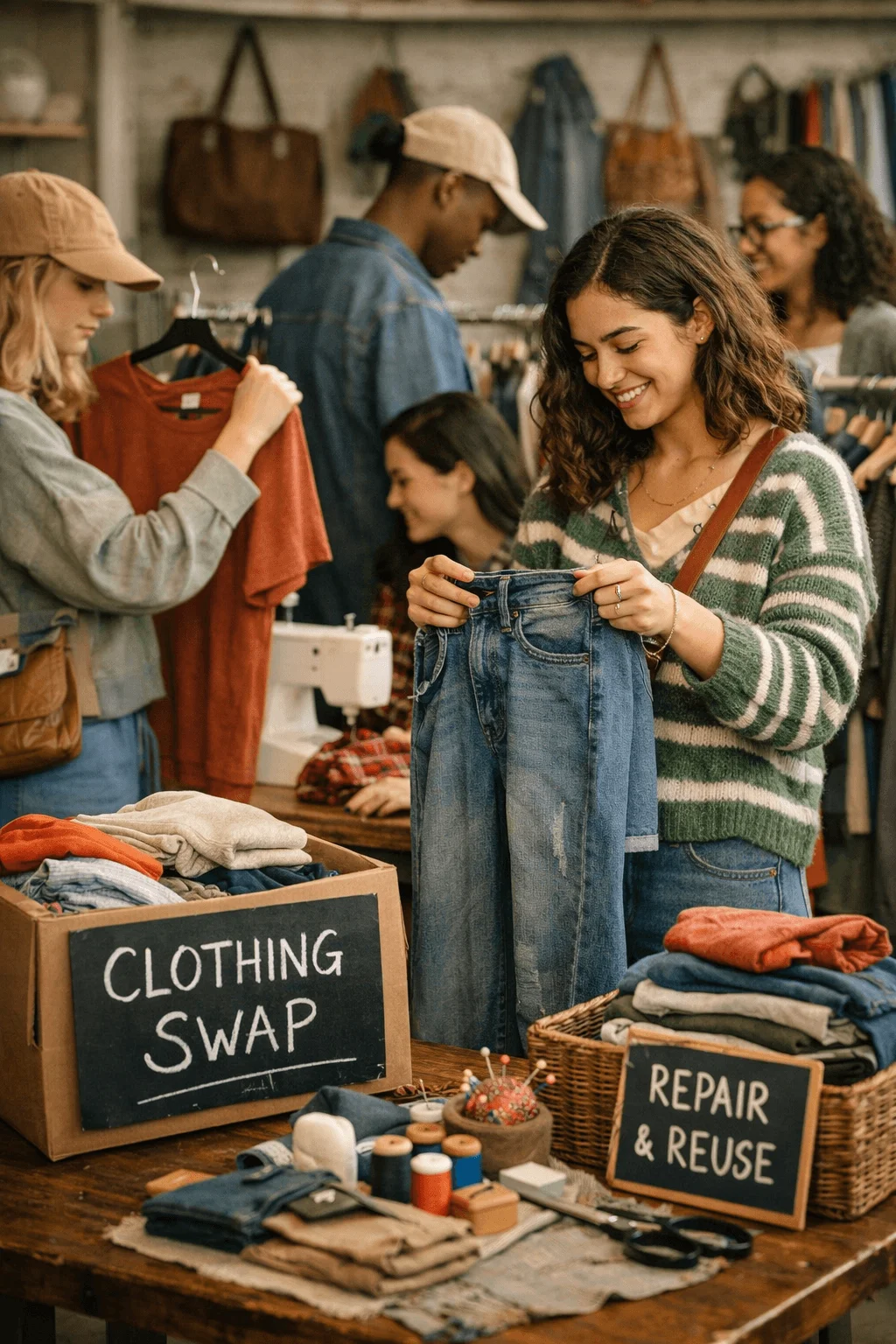 Students browsing and exchanging clothes at a clothing swap event with signs for clothing swap and repair and reuse while people sort second hand garments and sewing tools on a table.