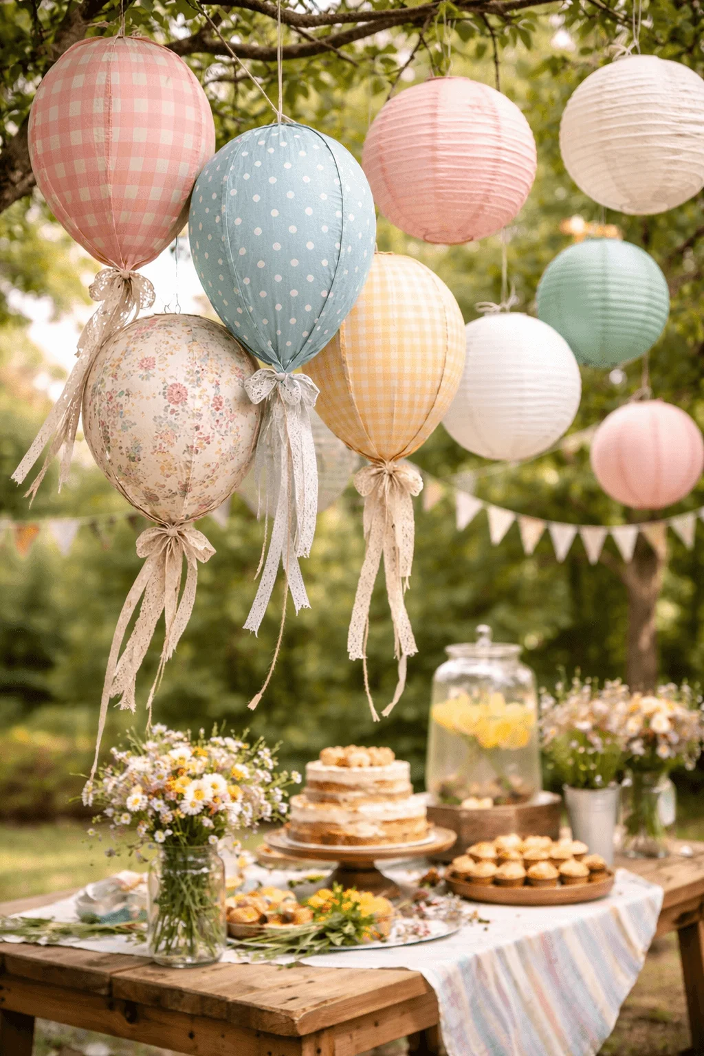 Pastel fabric balloon decorations with gingham polka dot and floral patterns hanging from tree branches with lace ribbons above a rustic outdoor party table set with cake cupcakes flowers and a glass drink dispenser in a garden setting