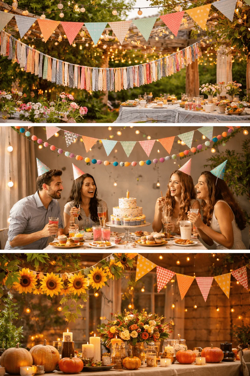 Three festive scenes featuring reusable fabric bunting and garlands including pastel flags and tassels over a garden table colorful pennant banners above friends celebrating with cake indoors and sunflower themed bunting decorating an autumn table with pumpkins and candles