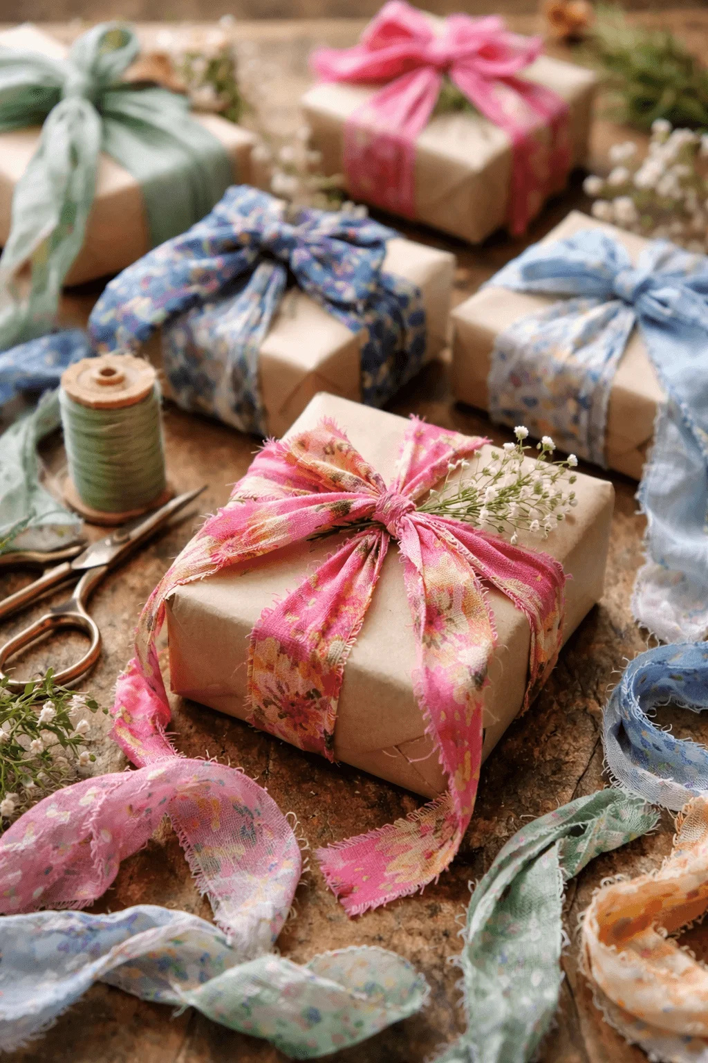 Eco friendly gift wrapping with kraft paper packages tied using colorful fabric ribbon scraps on a rustic wooden table with sewing tools and small flowers creating a handmade sustainable packaging scene