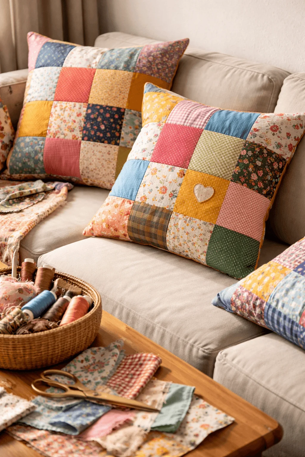 Patchwork cushion covers made from assorted fabric scraps arranged in colorful squares placed on a sofa with sewing materials nearby