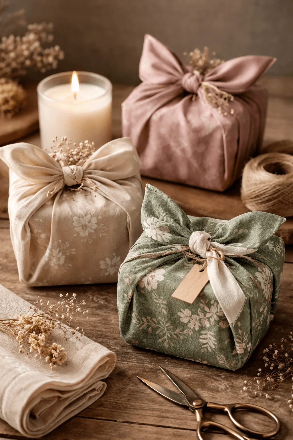 Candles wrapped in reusable fabric using furoshiki style, tied into decorative knots and presented on a rustic surface with natural accents