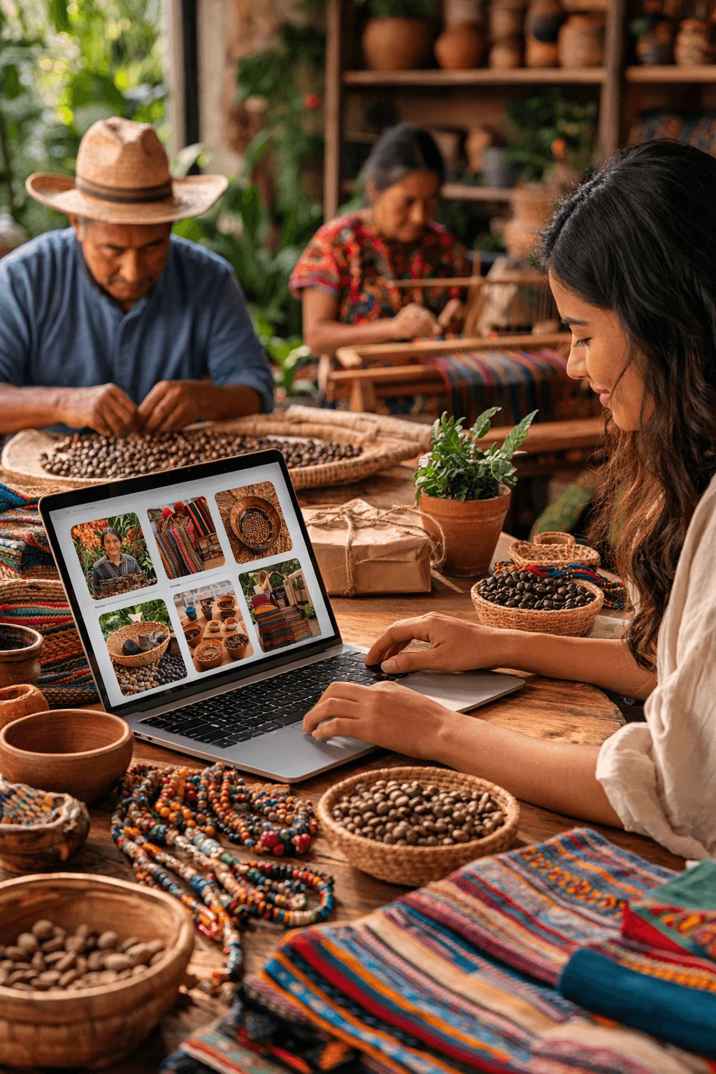Woman browsing fair trade handmade products on a laptop while artisans work with coffee beans textiles and crafts in a traditional workshop setting.