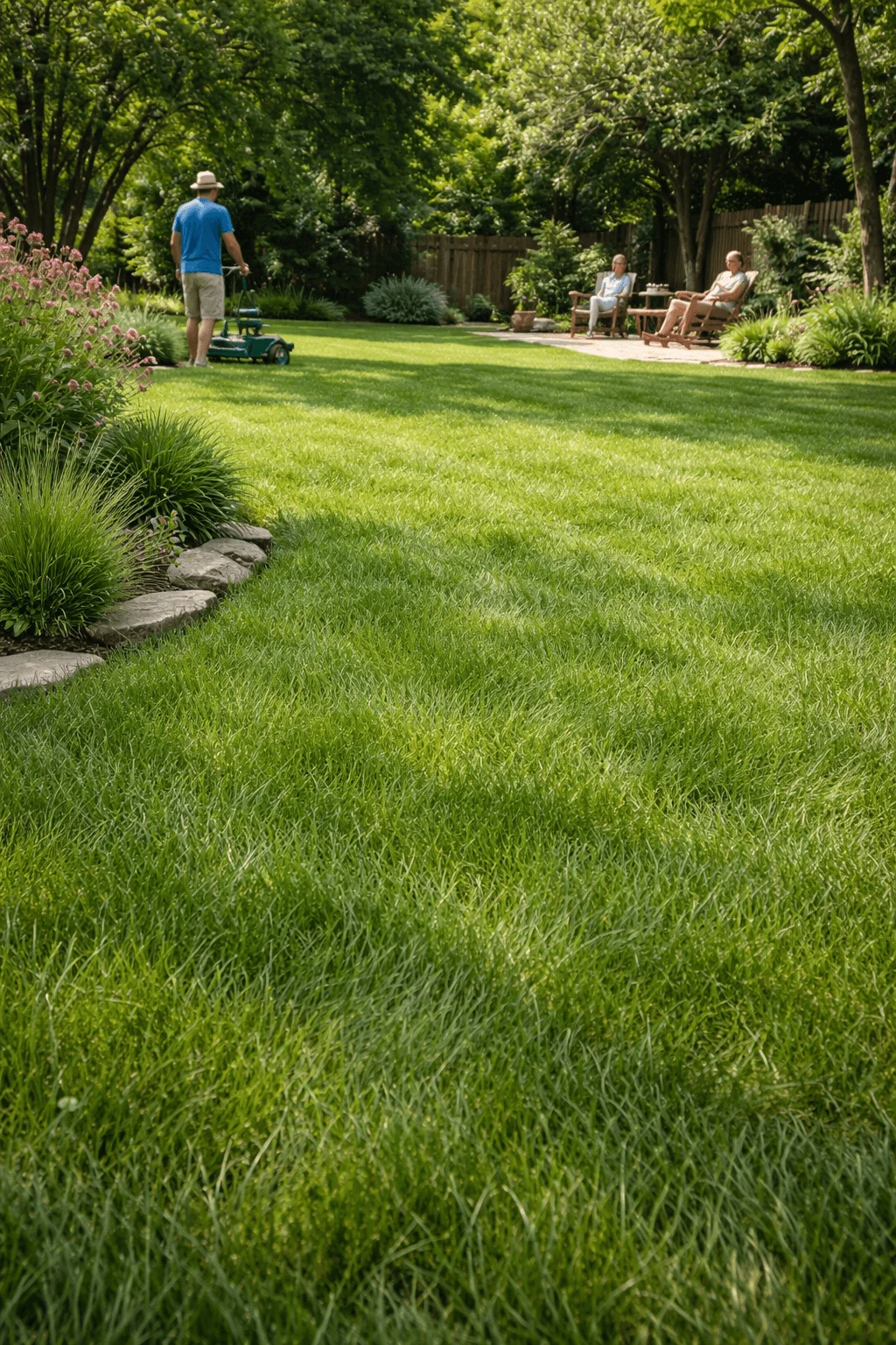 Man mowing a lush fine fescue lawn in a spacious backyard while two people relax on patio chairs under trees near a wooden fence