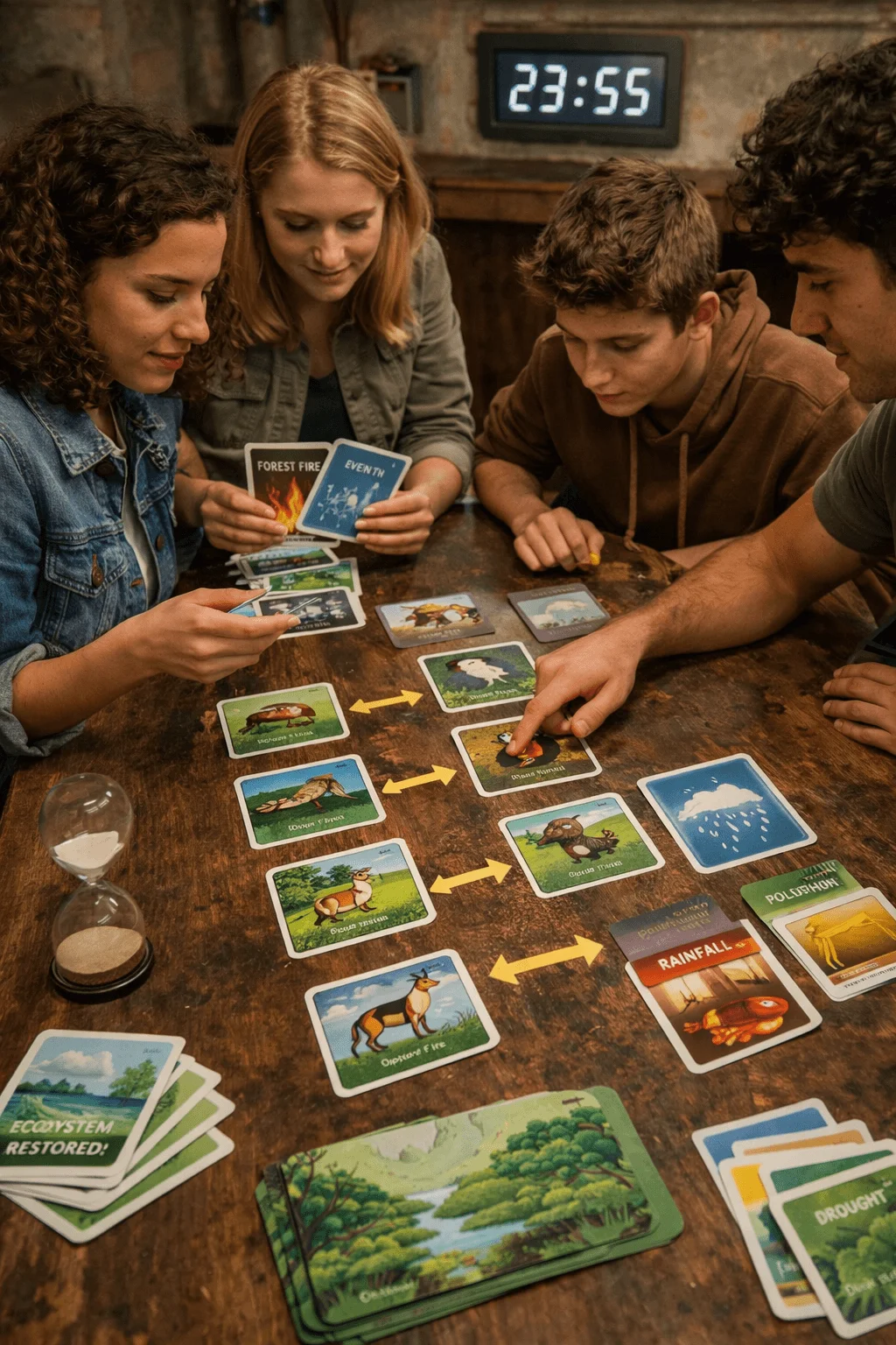 Group playing a cooperative ecosystem card game to restore a food chain before time runs out.