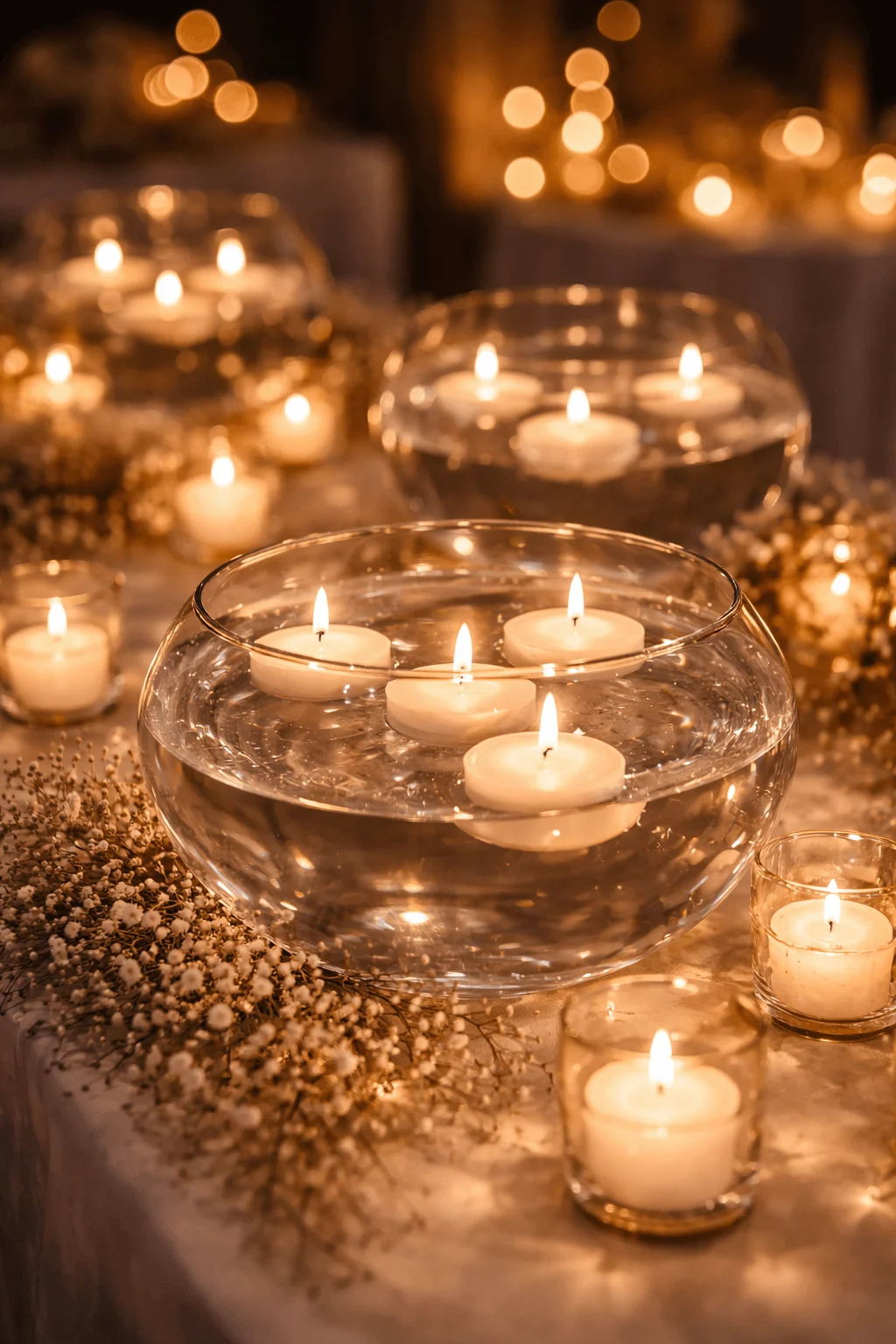 Glass bowls filled with water holding floating tea light candles surrounded by small votives and delicate white flowers creating a warm glowing centerpiece display at an evening event