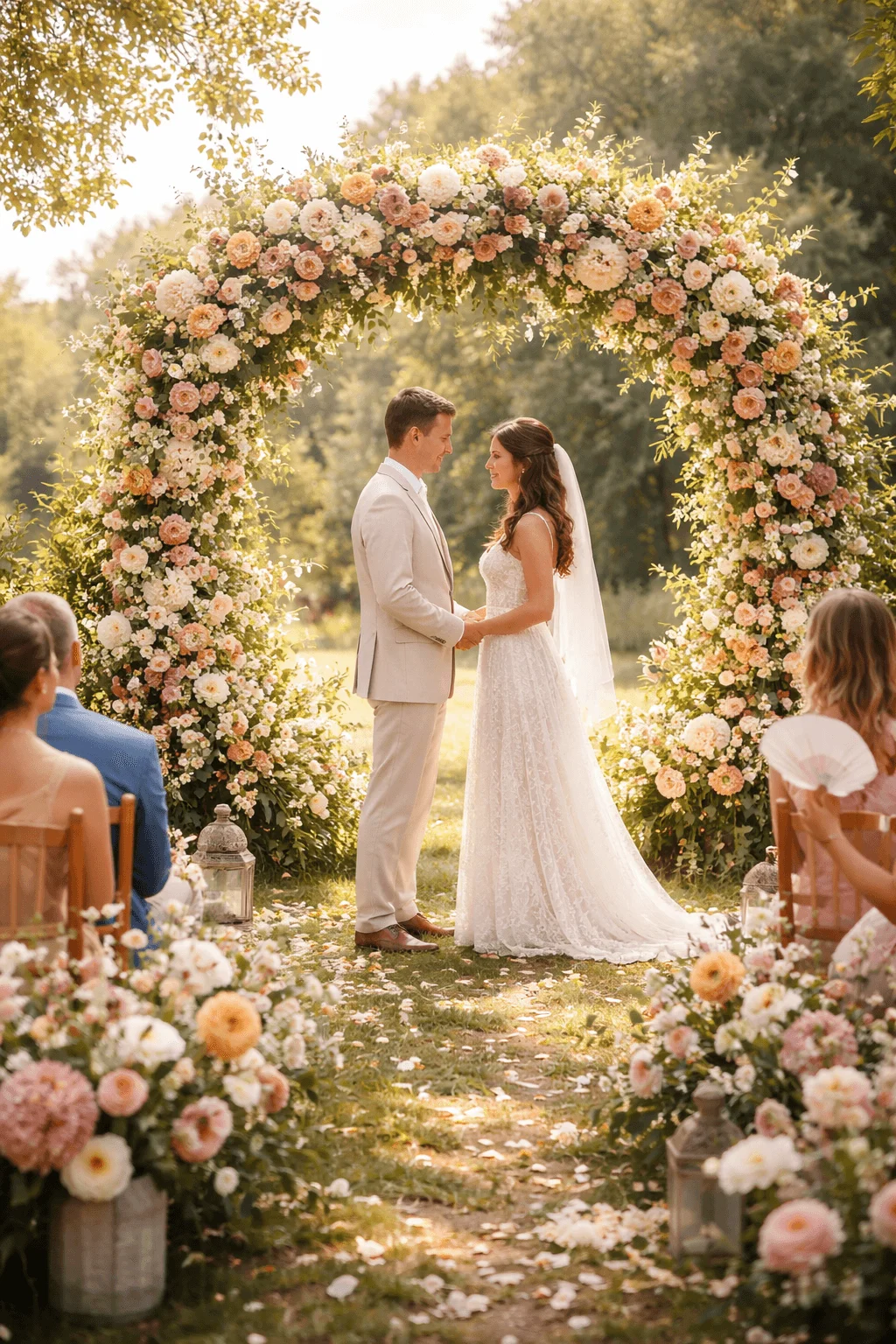 Bride and groom standing beneath a lush circular floral arch filled with pastel roses and greenery during an outdoor garden wedding ceremony with guests seated on either side and petals scattered along the aisle