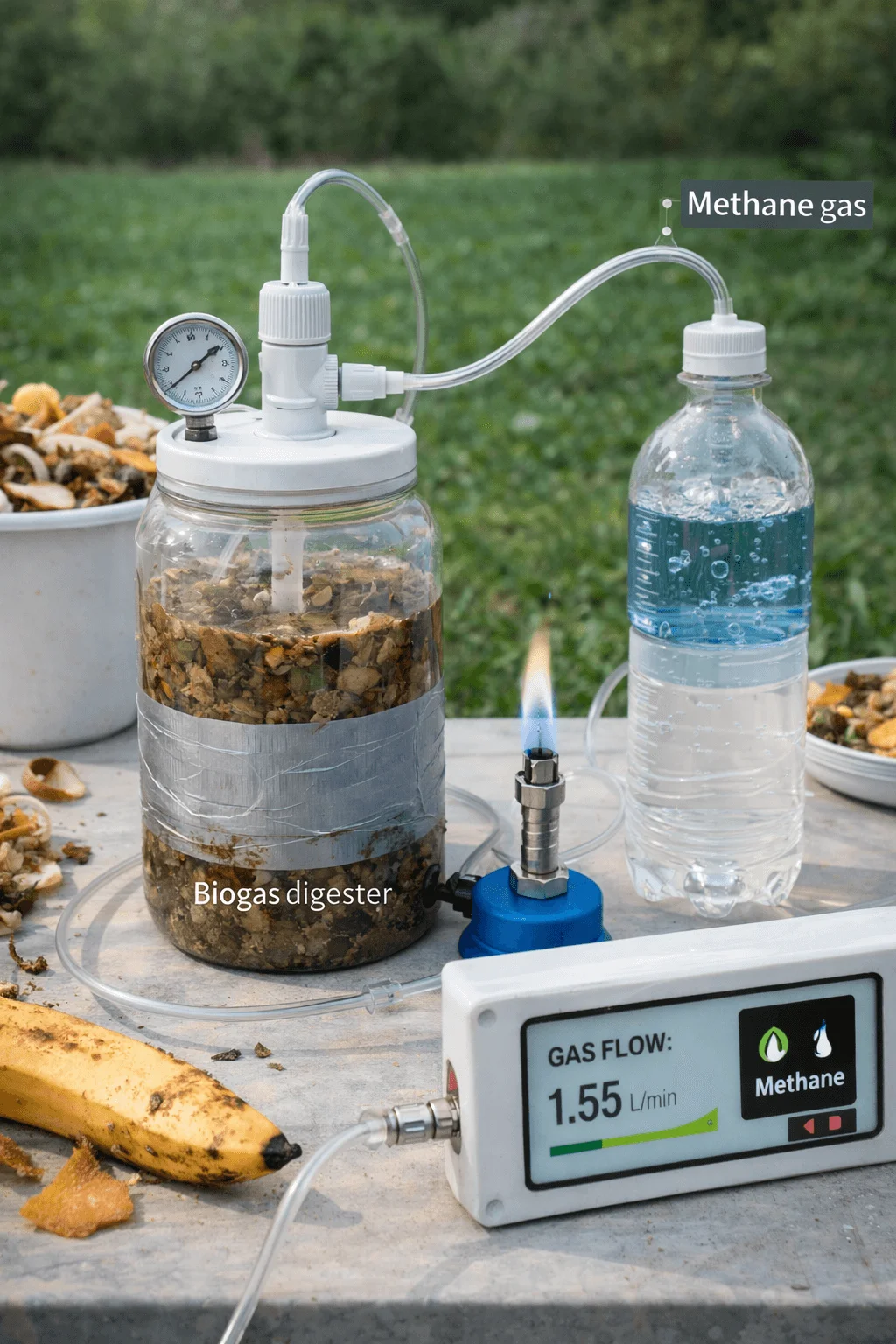 A small-scale biogas experiment demonstrating how food waste can be converted into biofuel. A jar labeled “Biogas digester” contains decomposing organic waste, connected by tubes to a bottle collecting methane gas. The gas flow is measured on a digital meter (showing about 1.55 L/min) and is being burned as a small flame to demonstrate its energy potential. Nearby are food scraps like banana peels used as feedstock, illustrating a food waste–to–biofuel conversion experiment.