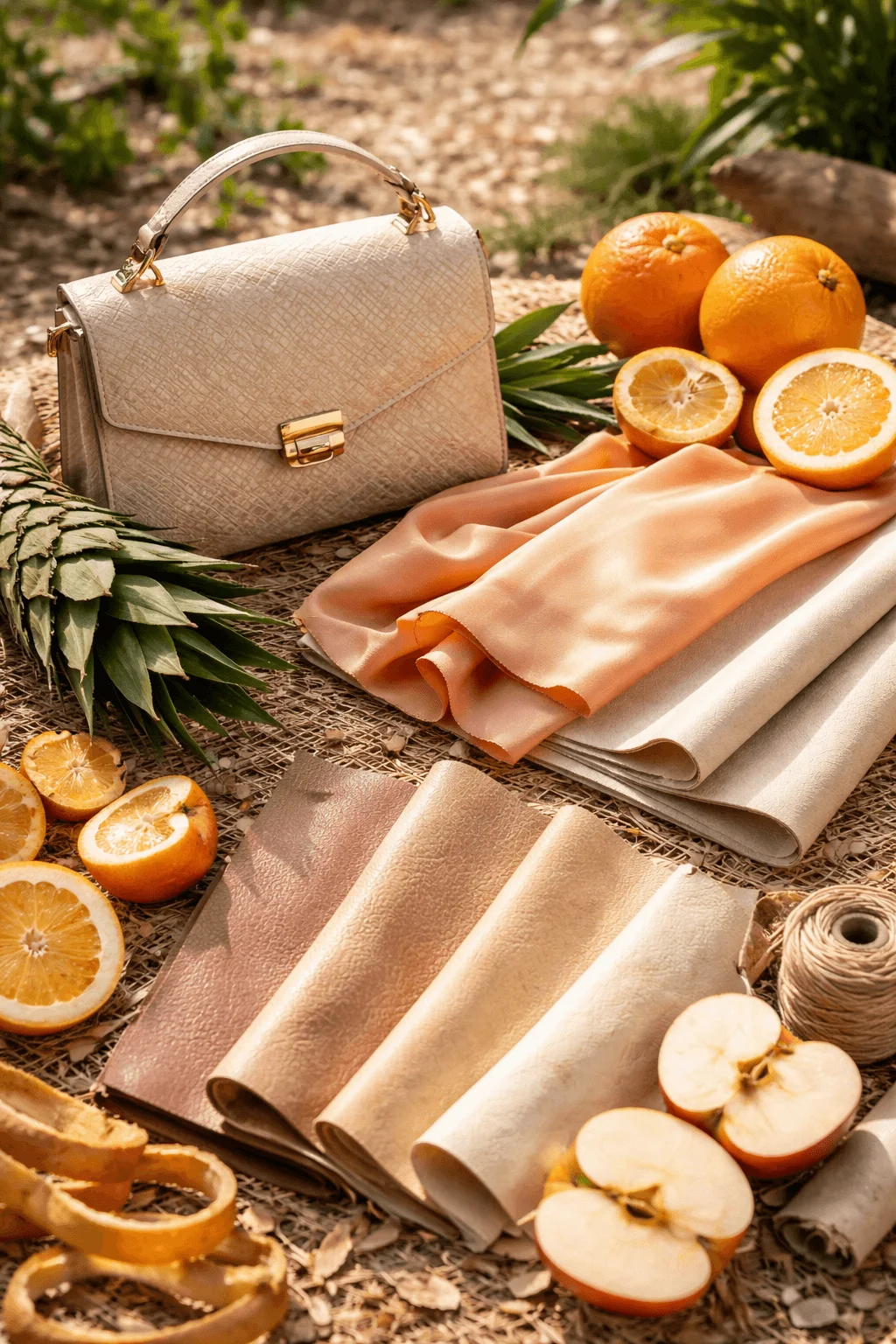 Sustainable fashion materials made from fruit waste, featuring textiles and leather alternatives derived from orange peels and apple fibers. The scene includes eco-friendly fabrics, a plant-based handbag, citrus fruits, and natural elements, highlighting innovative biodegradable materials and circular fashion design using agricultural byproducts.