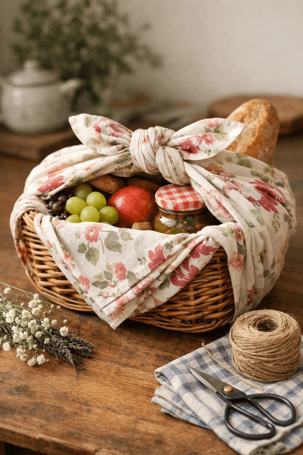 Woven gift basket filled with fruit bread and a jar of preserves wrapped in floral furoshiki fabric tied in a knot and placed on a rustic wooden table with twine scissors and folded cloth napkins nearby