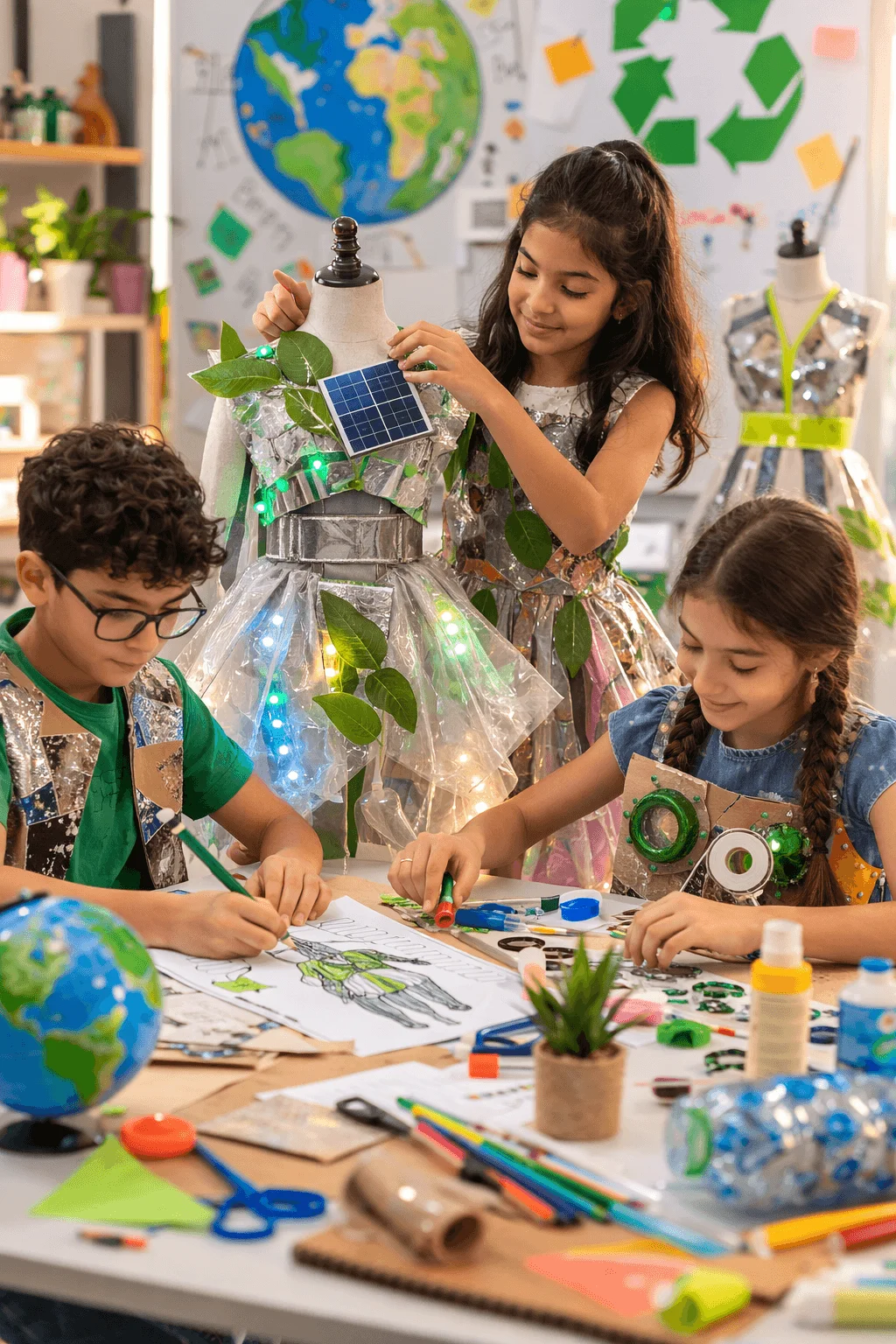 Children working together in a creative classroom designing futuristic sustainable fashion using recycled materials, leaves, lights, and a small solar panel while sketching eco-friendly outfit ideas and building a prototype dress on a mannequin.