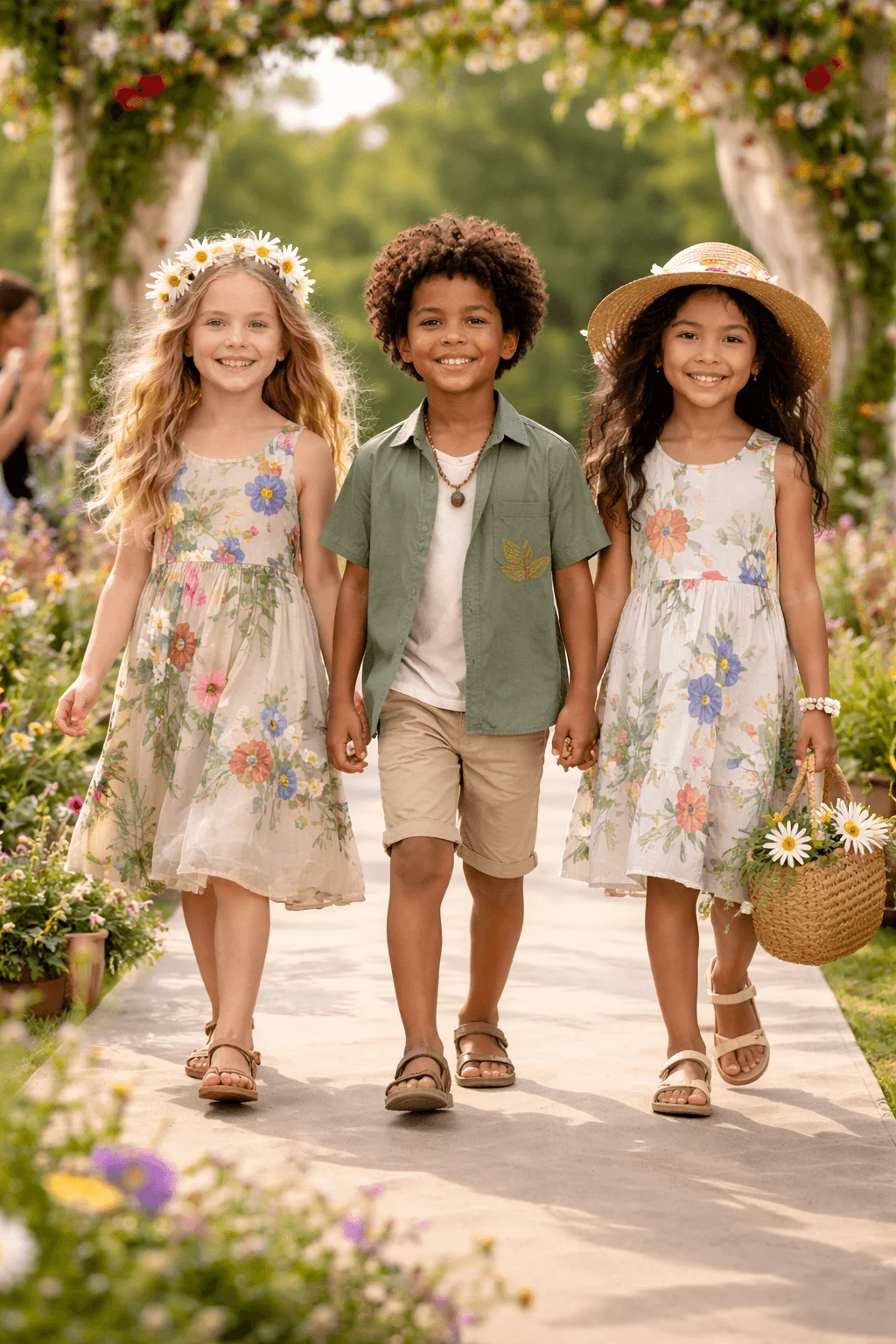 Three children walking together along a garden pathway wearing light, nature-inspired outfits with floral patterns, flower crowns, and straw accessories, representing a fresh and eco-friendly fashion theme set in a blooming outdoor environment.