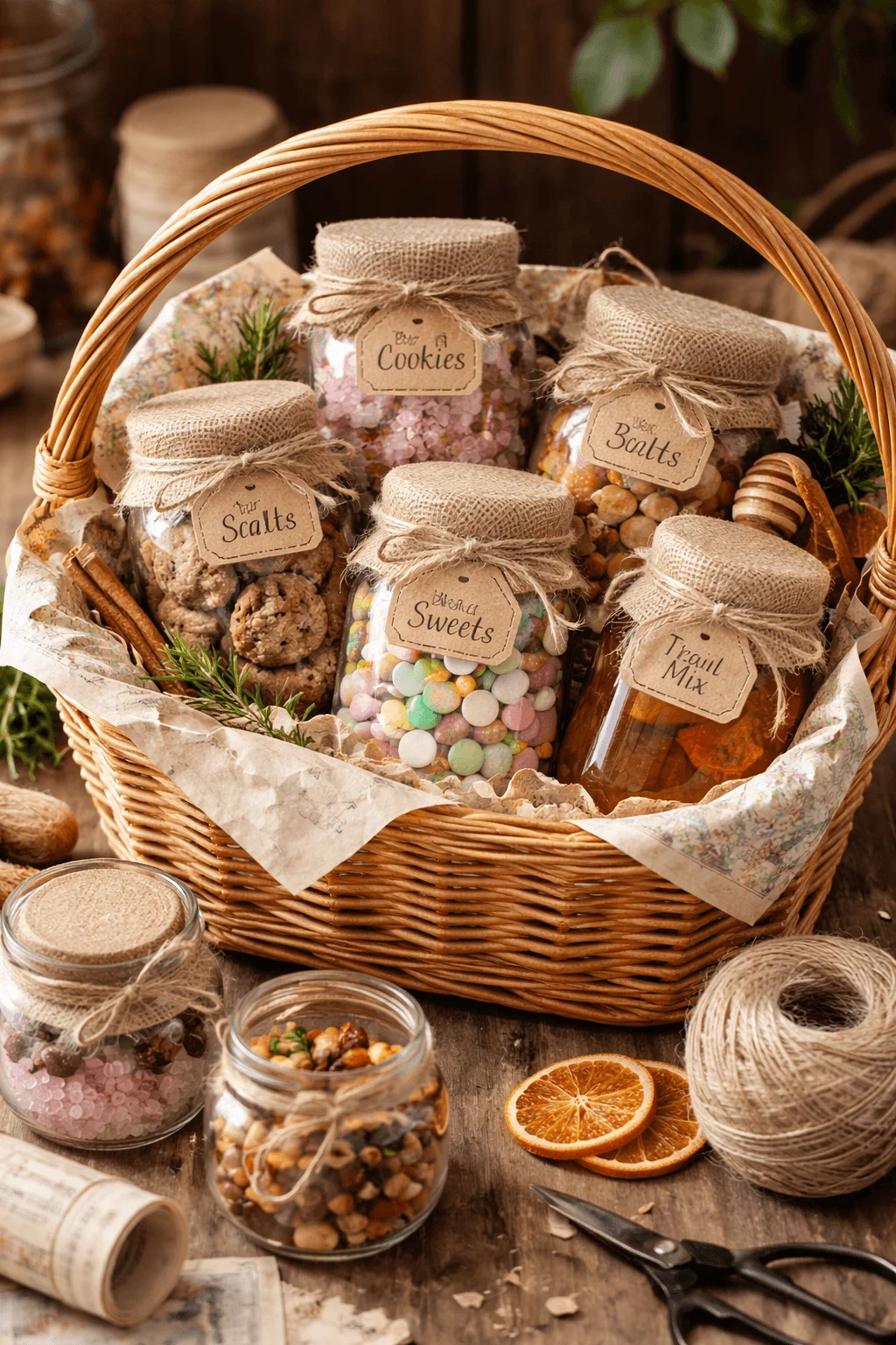 Wicker gift basket filled with glass jars labeled cookies salts sweets and trail mix wrapped with burlap lids and twine surrounded by dried orange slices herbs and craft supplies on a rustic wooden table