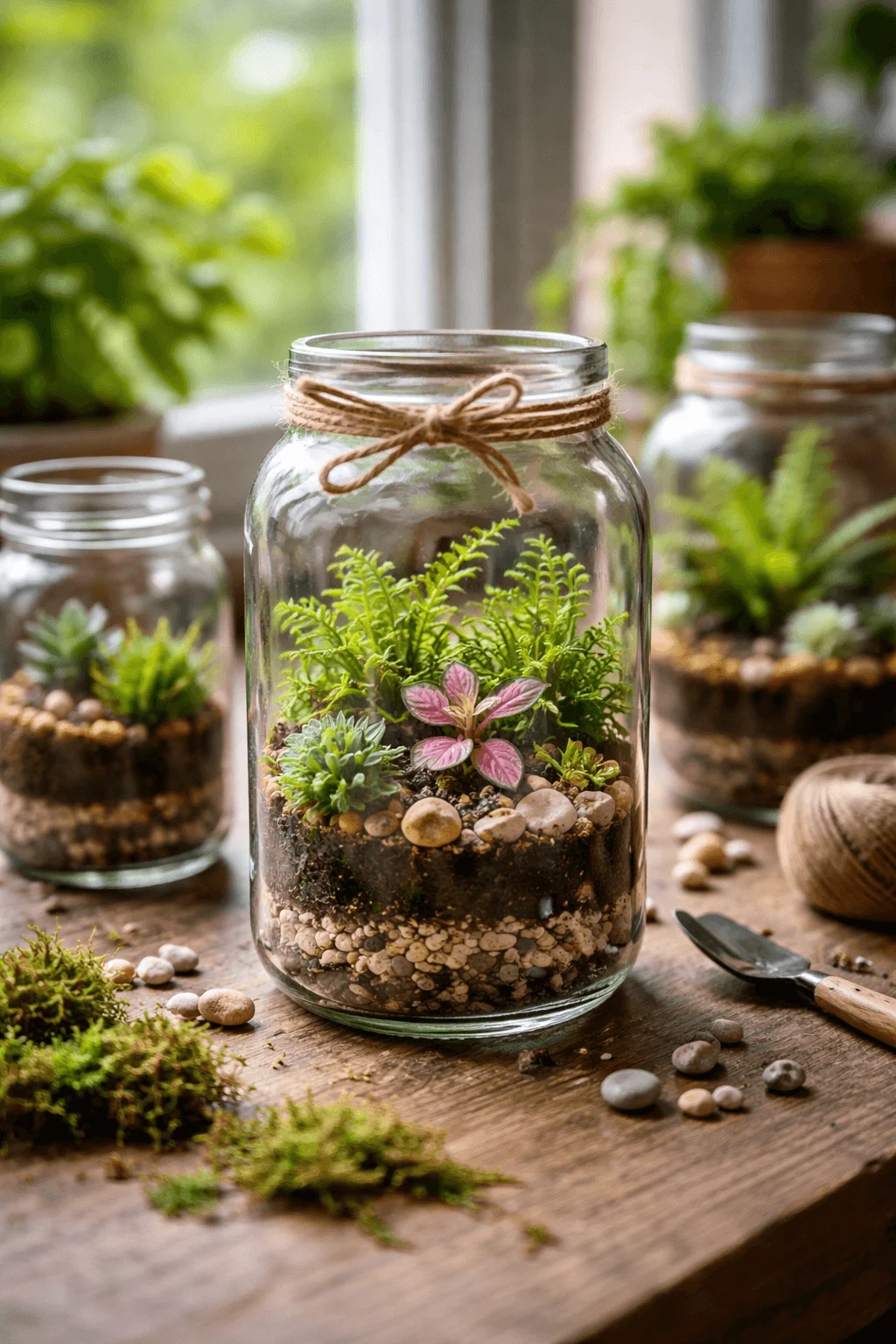 Glass jar terrariums with layered soil, pebbles, and small plants arranged on a wooden table near a window