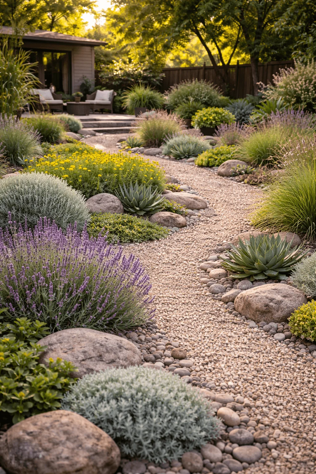 Curved gravel garden pathway bordered by drought tolerant plants including lavender ornamental grasses and succulents with natural stone accents leading to a cozy backyard patio surrounded by trees in warm evening light