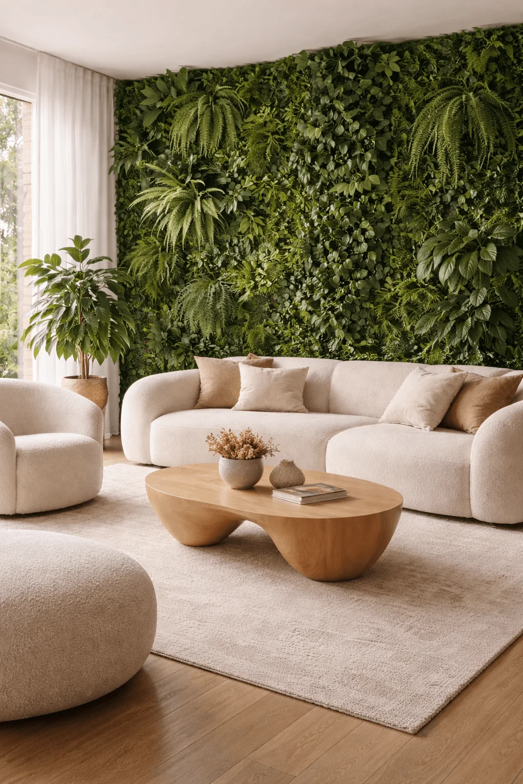 Modern eco friendly living room with lush green living wall curved organic sofa natural wood coffee table and soft neutral tones creating a biophilic and calming atmosphere.