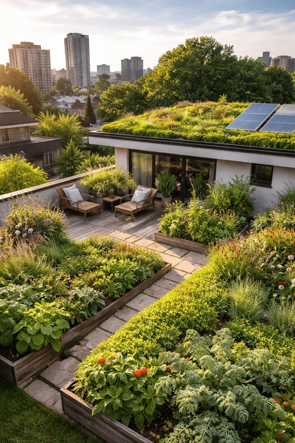 Green roof garden with raised beds, solar panels, and urban skyline view on a sustainable home.