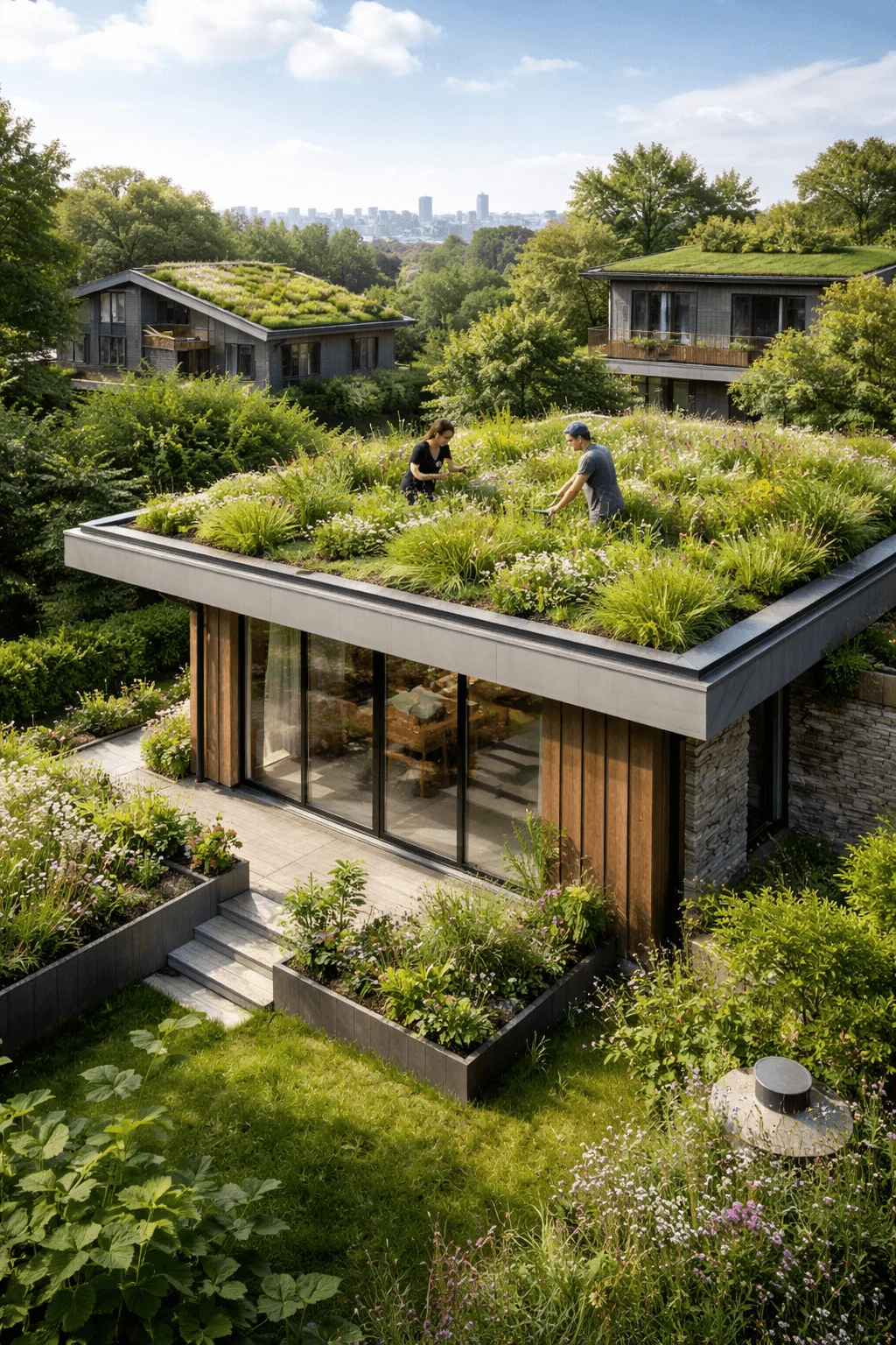 Modern green roof house with a rooftop garden covered in plants and wildflowers, surrounded by lush landscaping and sustainable residential architecture.