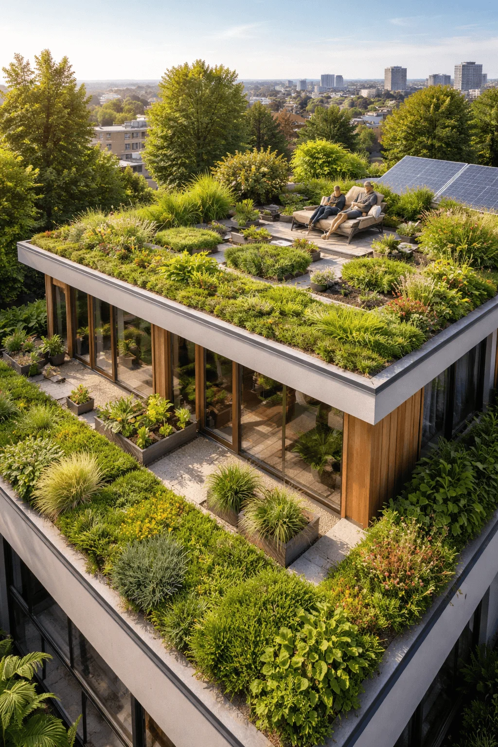 Modern eco-friendly building featuring a green roof system with a rooftop garden filled with native plants and small shrubs that improve insulation and support biodiversity. The rooftop also includes solar panels for renewable energy and a relaxing seating area, while the building’s large windows and wooden accents enhance natural lighting and sustainable design in an urban environment.