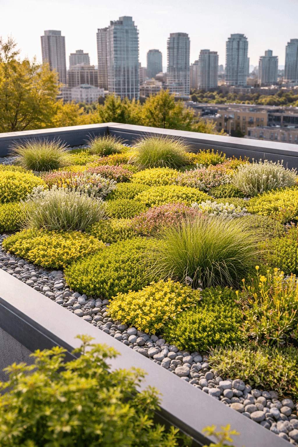 Urban green roof system featuring low growing sedum groundcover ornamental grasses and gravel mulch in raised planters with a modern city skyline in the background under soft daylight