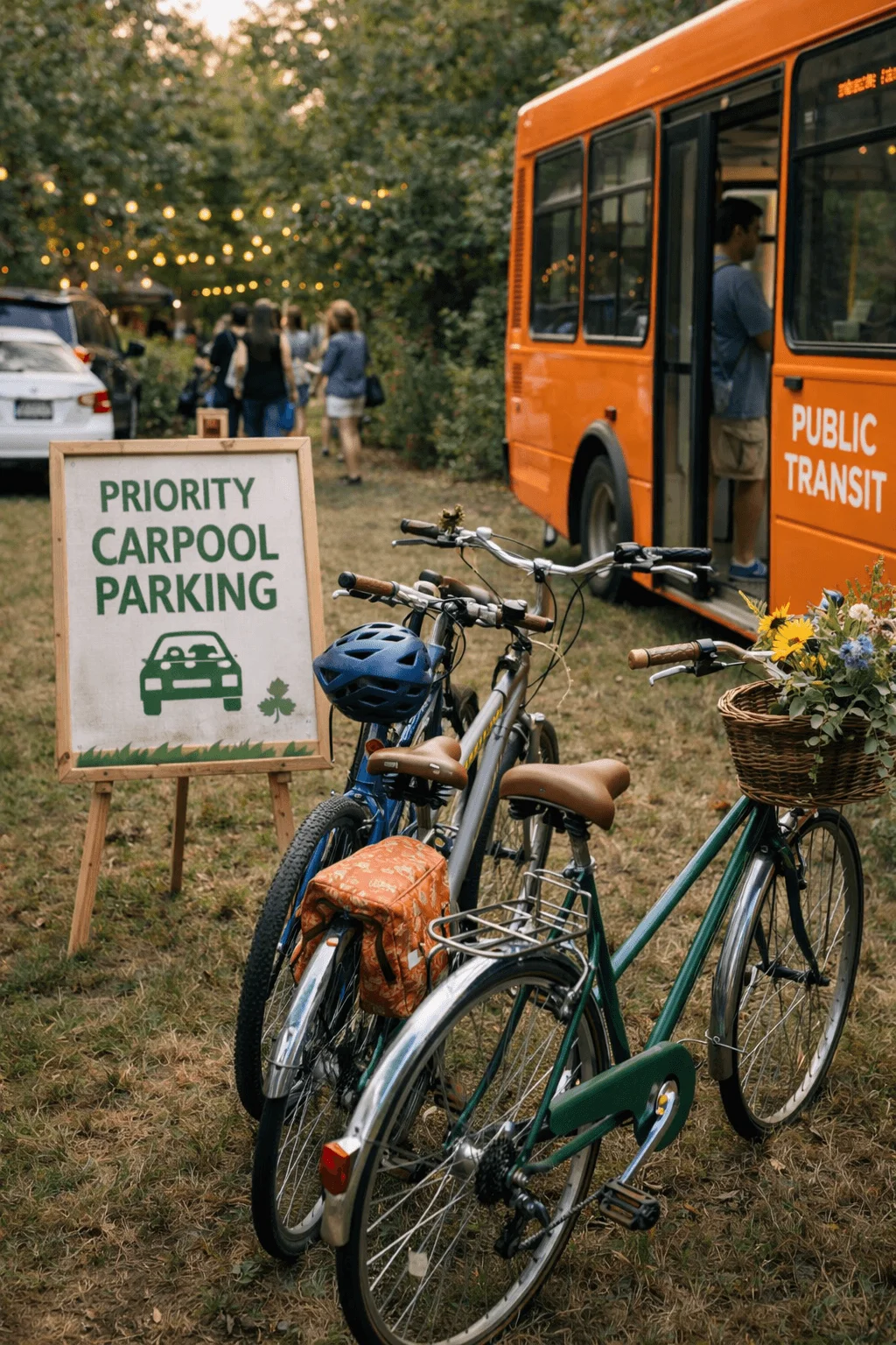 Outdoor event arrival area promoting sustainable transportation with a wooden easel sign reading “Priority Carpool Parking” featuring a green car icon, several bicycles parked in the foreground including one with a flower-filled basket and another with a helmet, and an orange public transit shuttle bus with passengers boarding in the background under string lights and trees.