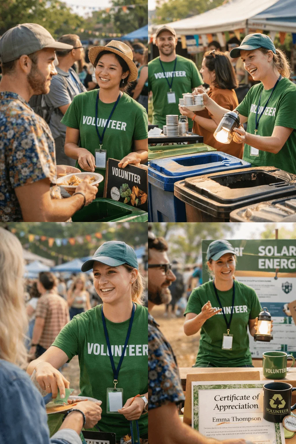 Volunteers wearing green shirts assist guests at an outdoor sustainability event by guiding waste sorting at recycling and compost bins handing out reusable items and explaining a solar energy display booth while engaging warmly with attendees