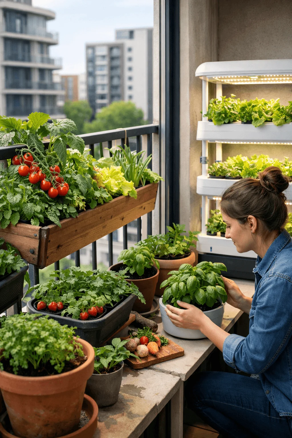Woman tending herbs and vegetables in pots on a city apartment balcony with a small vertical indoor garden system nearby.