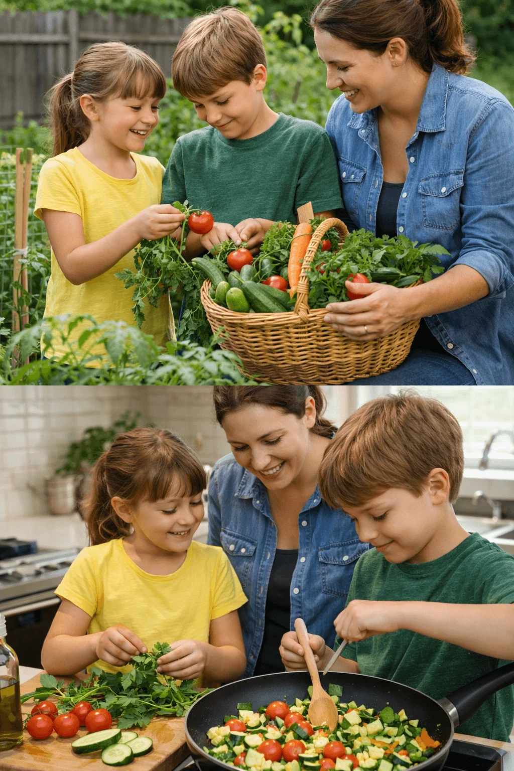 Top image shows a mother and two children in a backyard garden smiling as they harvest fresh vegetables and place tomatoes, cucumbers, carrots, and leafy greens into a wicker basket. Bottom image shows the same family in a kitchen preparing a meal together, with the children chopping herbs and stirring a pan filled with colorful vegetables while their mother guides them.