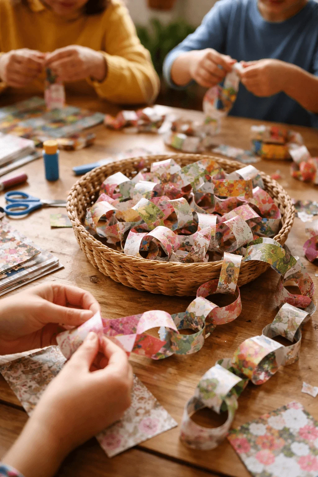 Hands crafting colorful handmade paper chain garlands at a wooden table with patterned paper glue and scissors while finished loops fill a woven basket and others work in the background