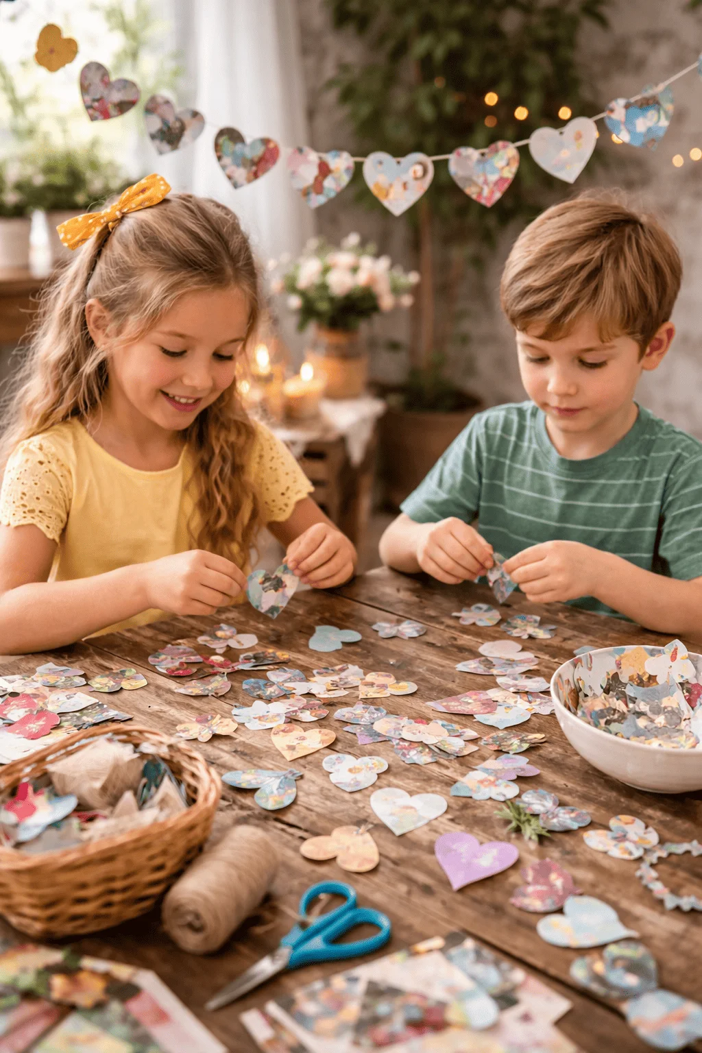 Two children sitting at a rustic wooden table crafting handmade paper heart garlands cutting and sorting colorful patterned paper hearts with scissors twine and baskets while a finished heart banner hangs in the background with warm cozy lighting