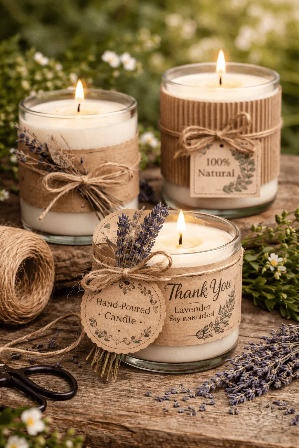 Handmade soy candles wrapped in rustic kraft paper labels with twine and dried lavender accents, presented in an eco friendly, artisanal style