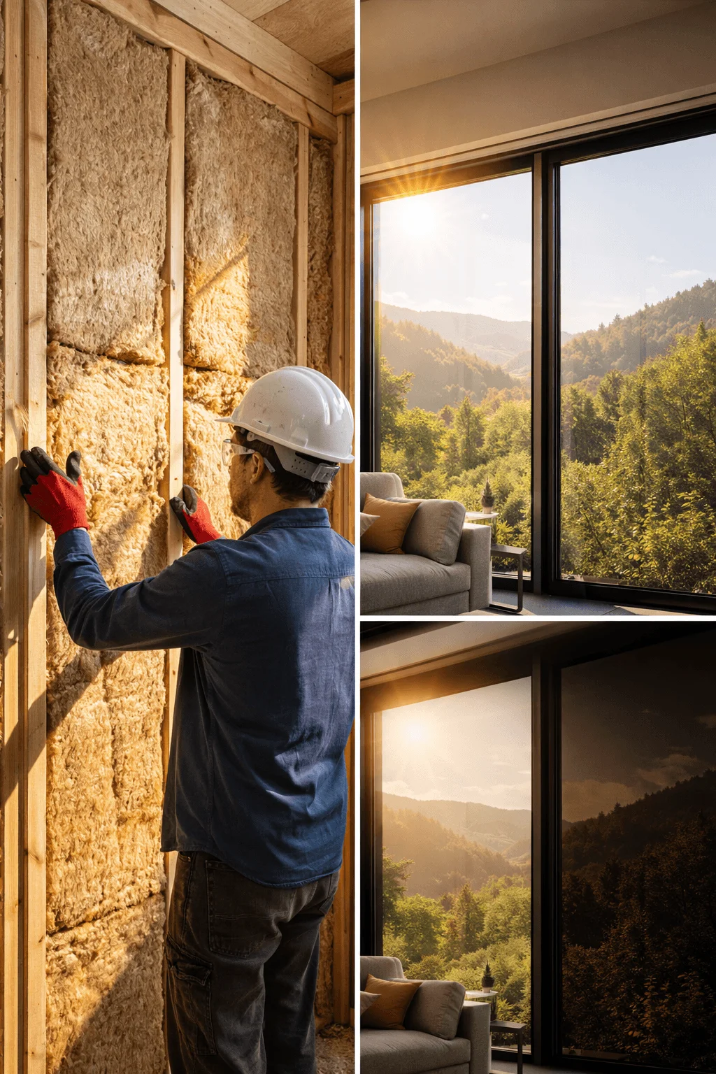 Worker installing high-performance wall insulation with smart energy-efficient windows reducing heat and glare.