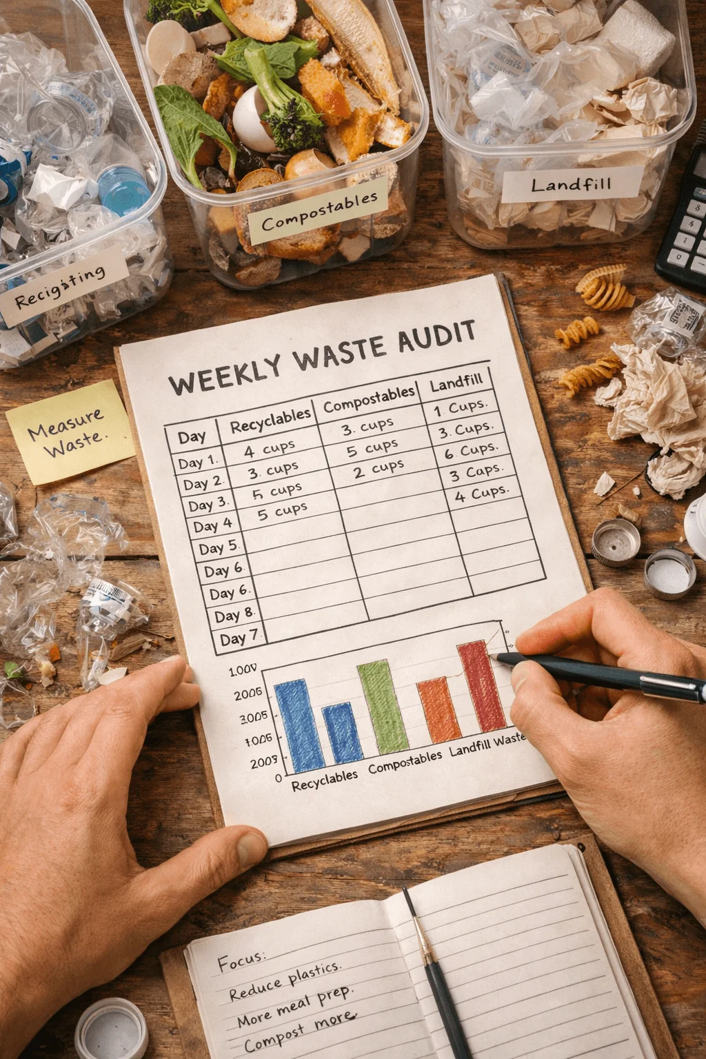 Hands recording data on a weekly household waste audit with recycling, compost, and landfill bins.